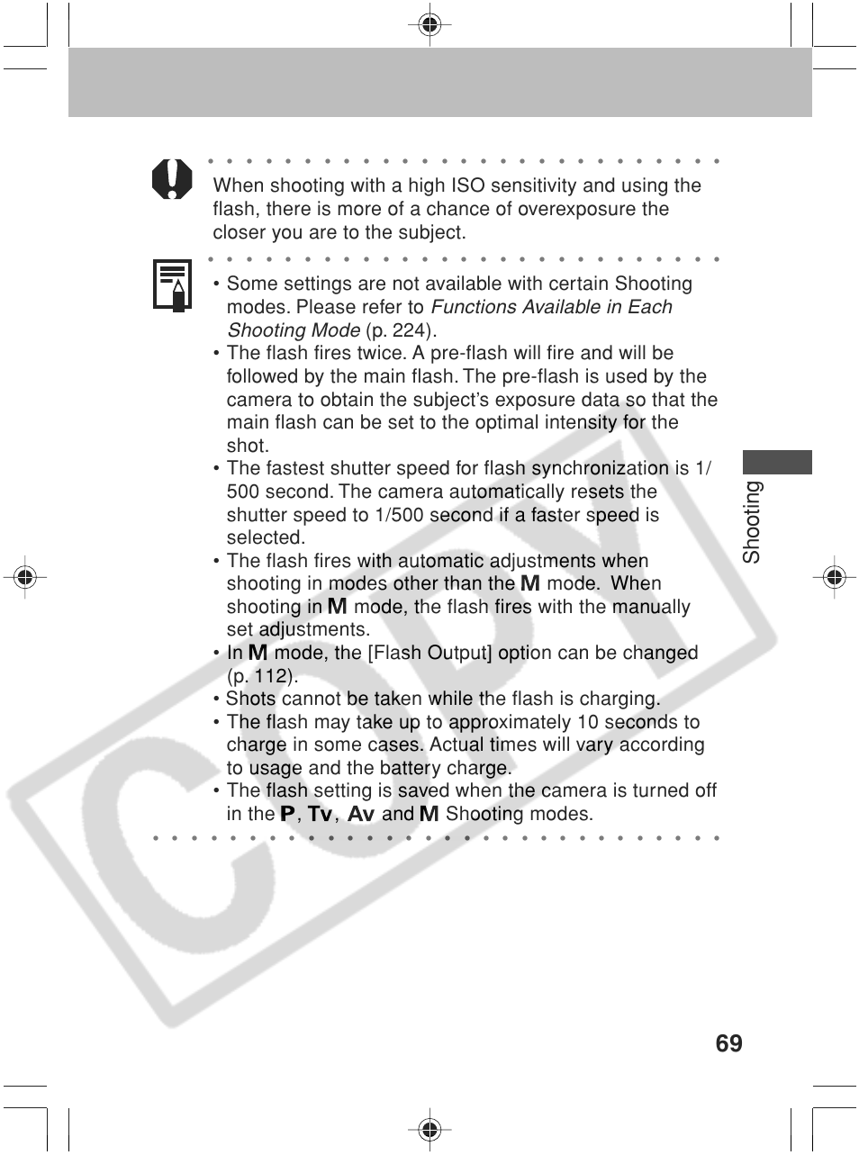 Shooting, Functions available in each shooting mode | Canon SC A60 User Manual | Page 73 / 230