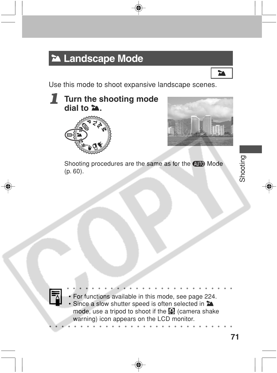 Landscape mode, Turn the shooting mode dial to, Shooting | Use this mode to shoot expansive landscape scenes | Canon SC A60 User Manual | Page 75 / 230