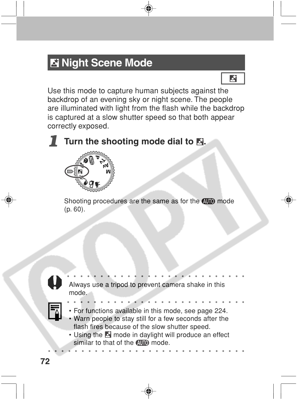 Night scene mode, Turn the shooting mode dial to | Canon SC A60 User Manual | Page 76 / 230