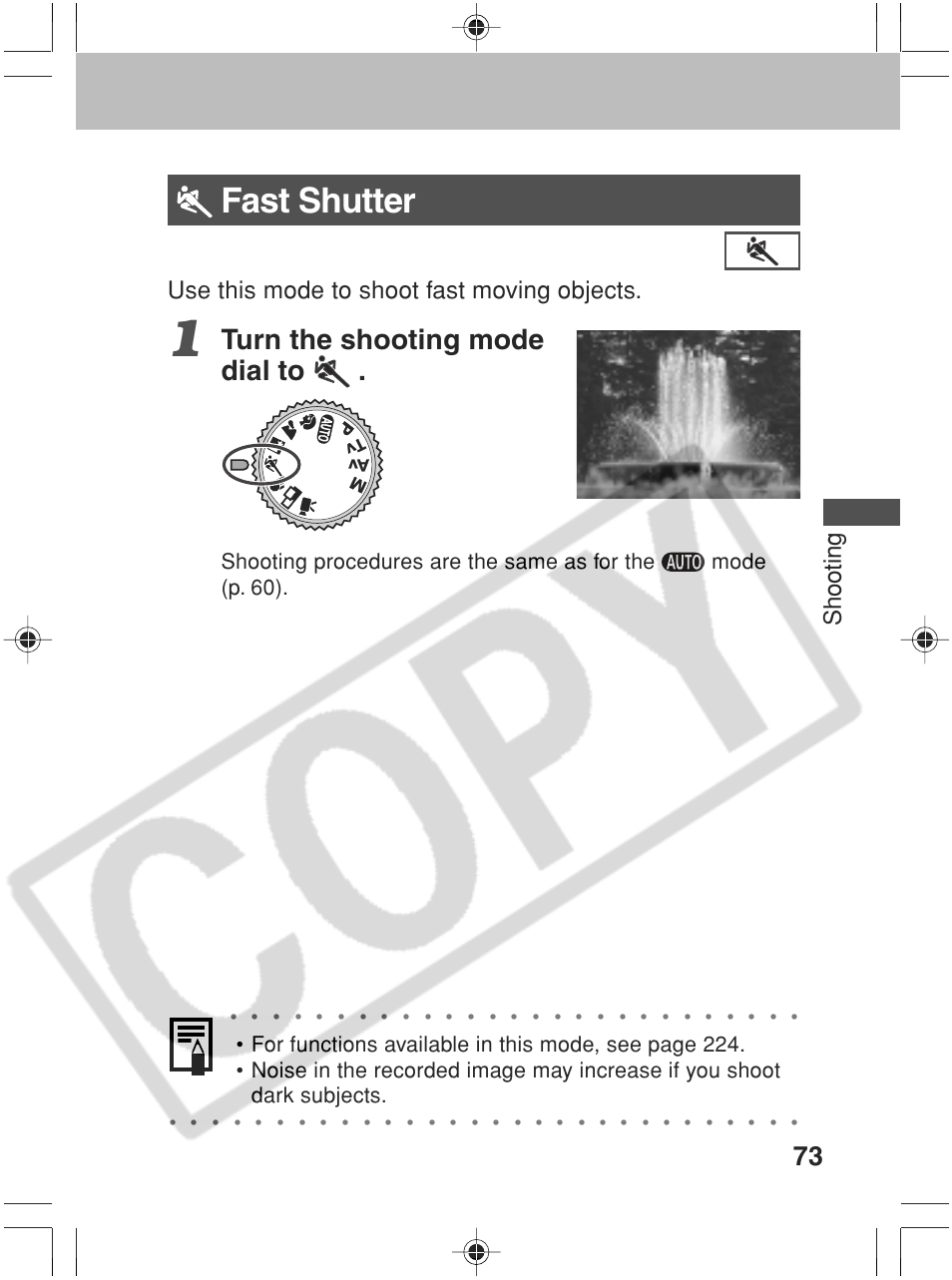 Fast shutter, Turn the shooting mode dial to, Shooting | Use this mode to shoot fast moving objects | Canon SC A60 User Manual | Page 77 / 230