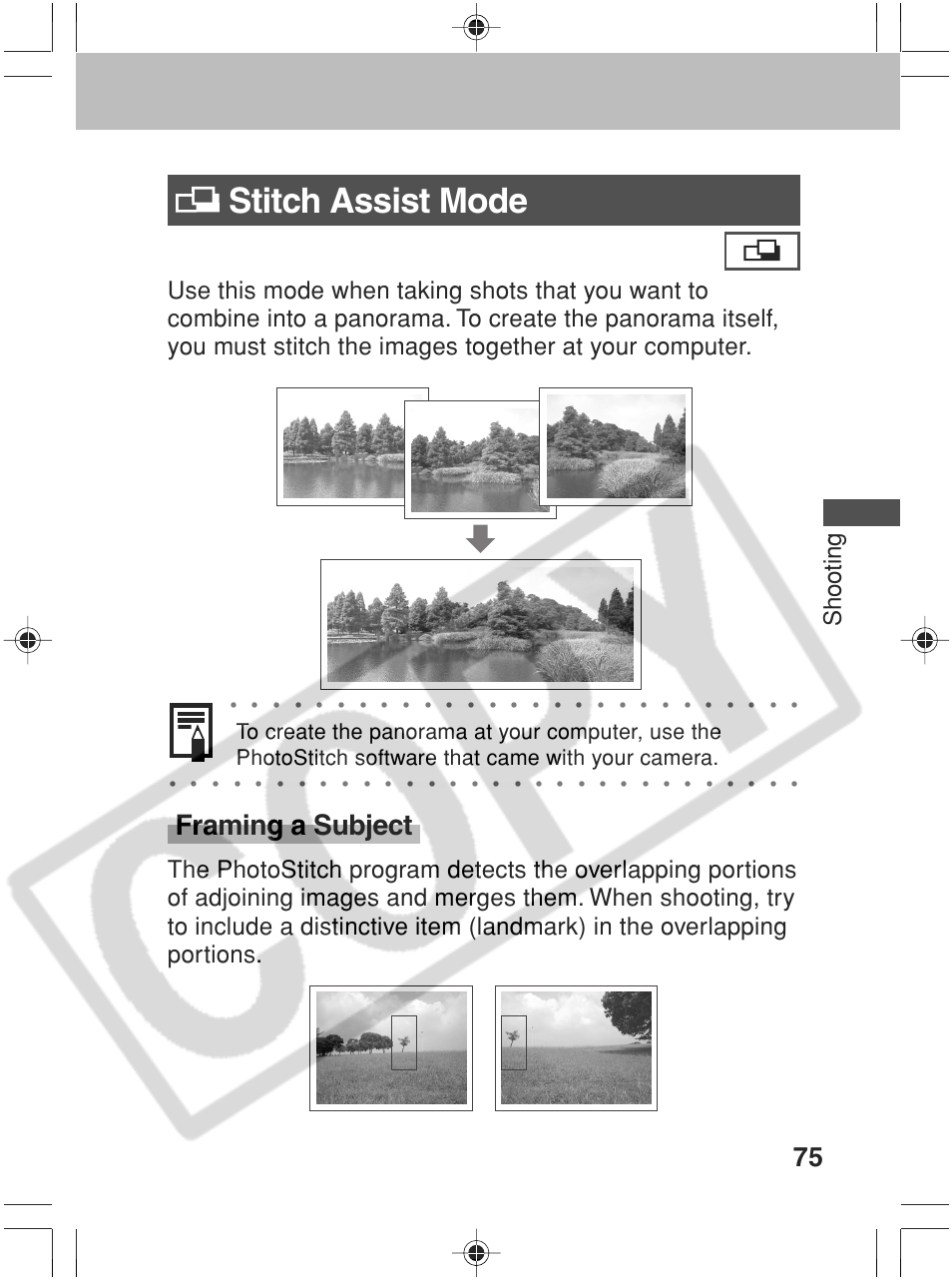 Stitch assist mode, Framing a subject, Shooting | Canon SC A60 User Manual | Page 79 / 230