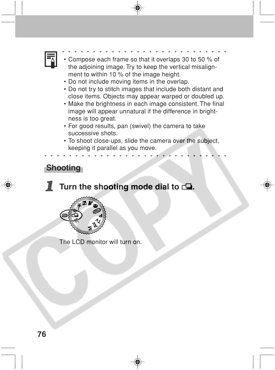 Shooting, Turn the shooting mode dial to, The lcd monitor will turn on | Canon SC A60 User Manual | Page 80 / 230