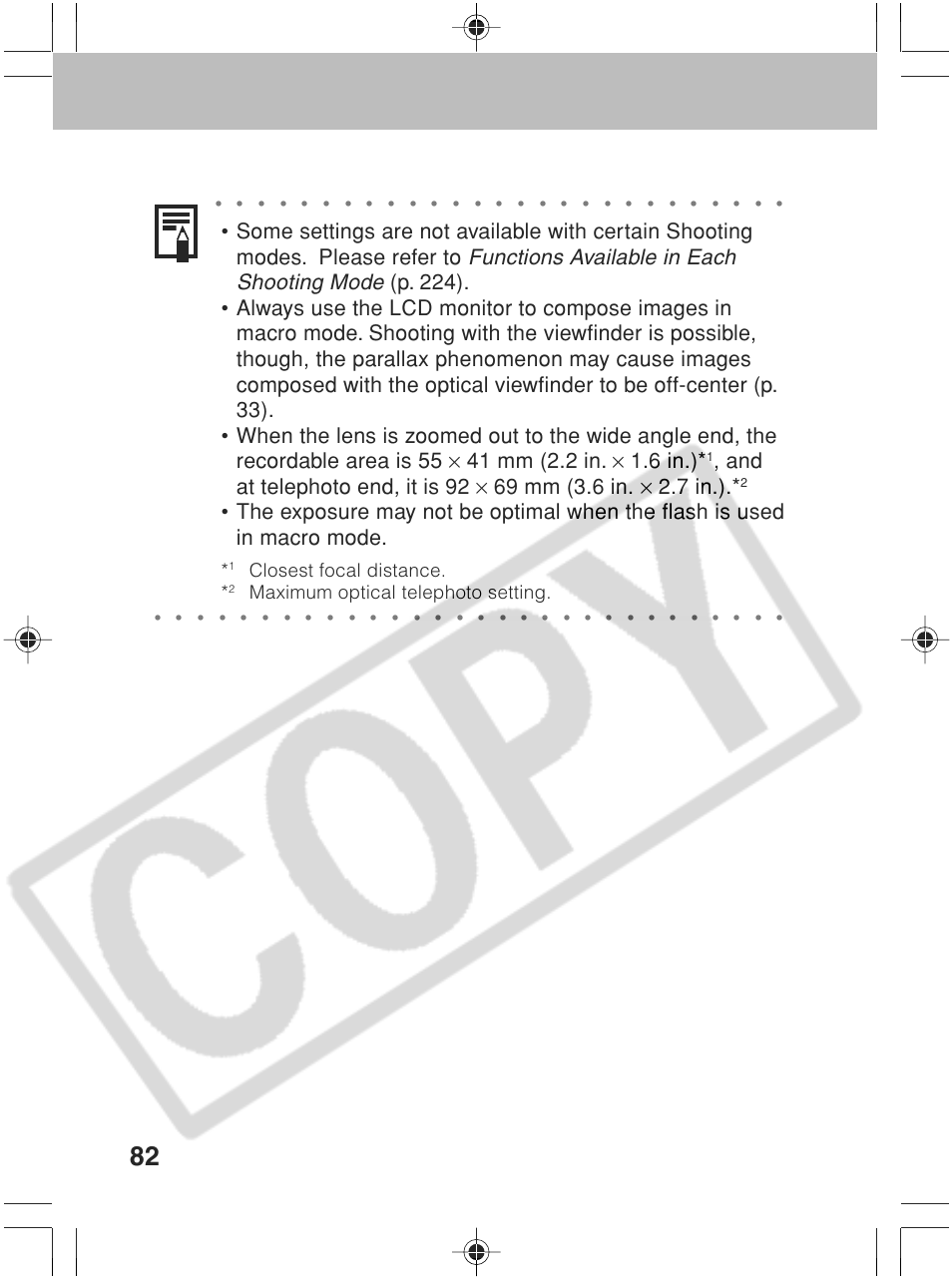 Functions available in each shooting mode, Closest focal distance, Maximum optical telephoto setting | Canon SC A60 User Manual | Page 86 / 230