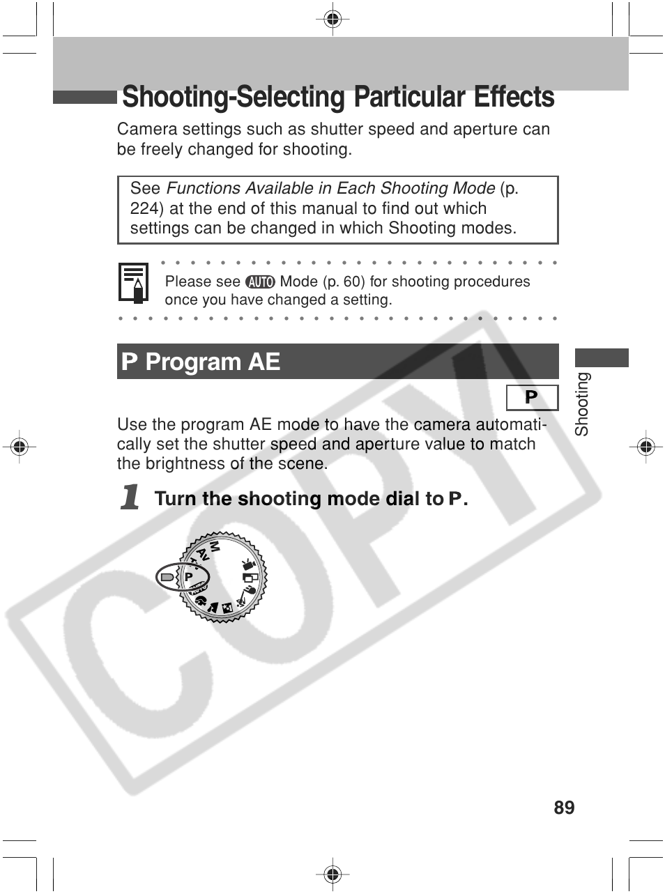 Shooting-selecting particular effects, Program ae, Turn the shooting mode dial to | Shooting | Canon SC A60 User Manual | Page 93 / 230