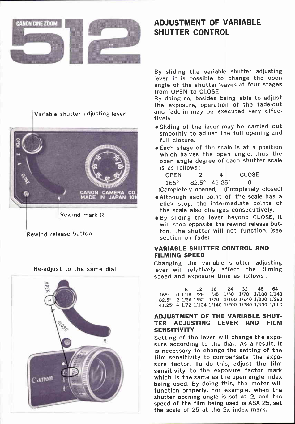 Adjustment of variable shutter control | Canon CINEZOOM 512 User Manual | Page 16 / 48