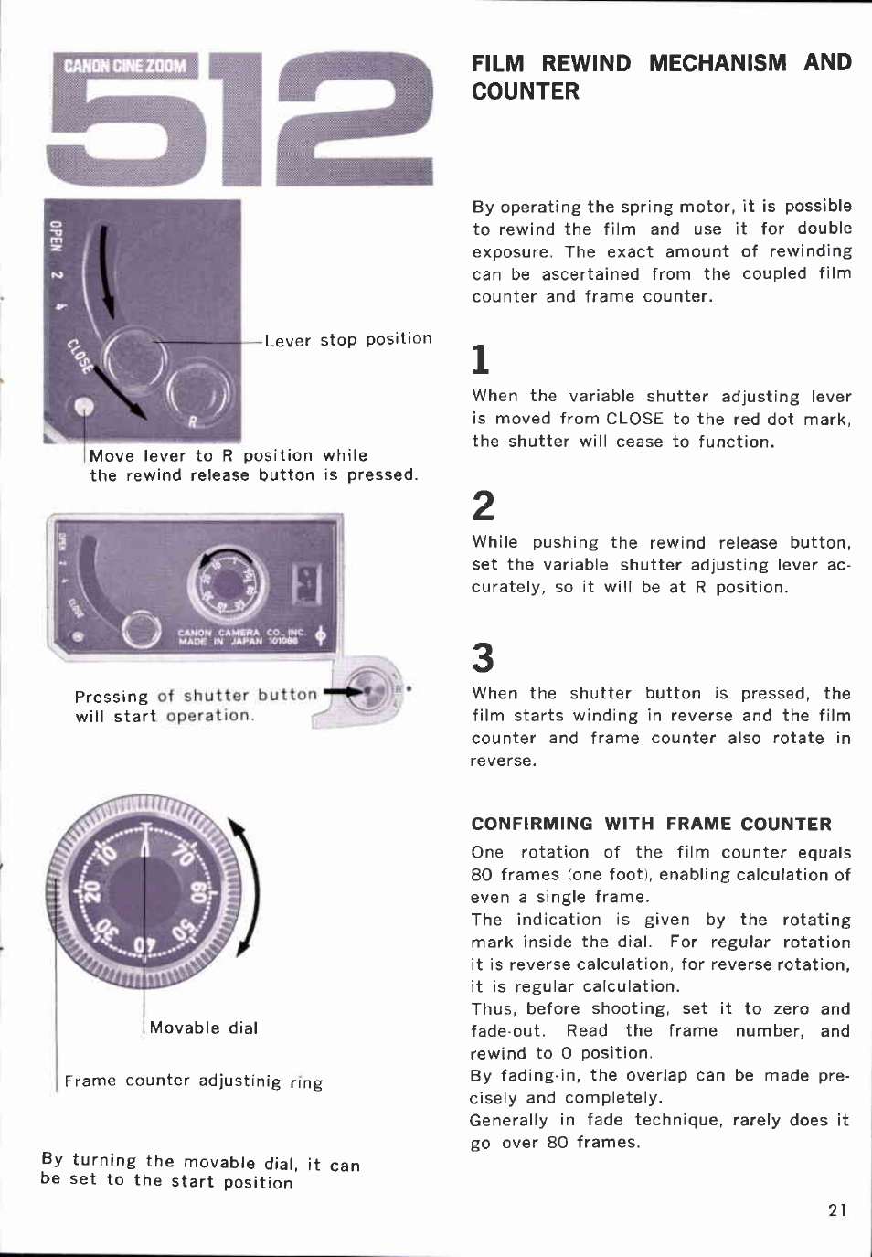 Film rewind mechanism and counter | Canon CINEZOOM 512 User Manual | Page 21 / 48