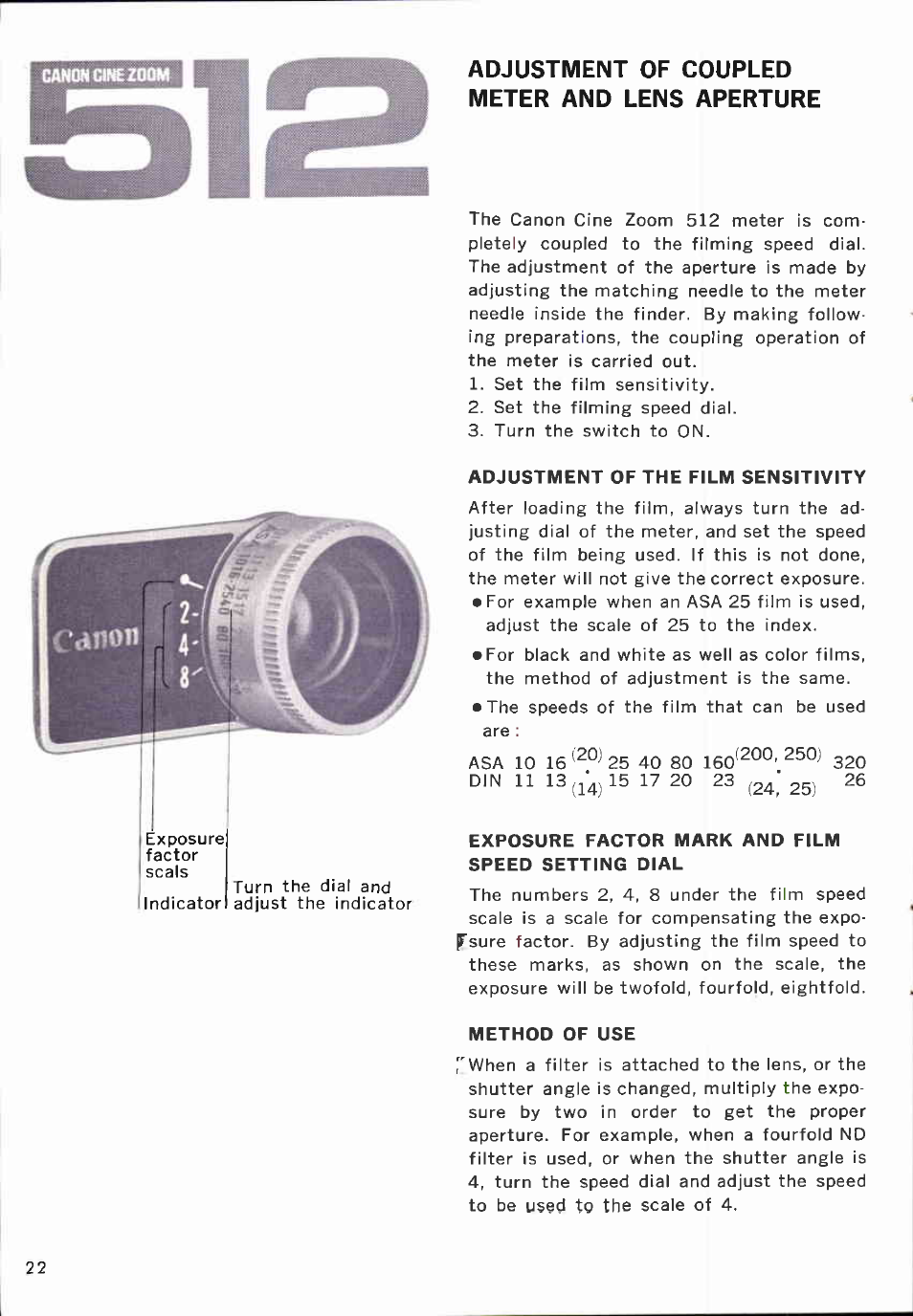 Adjustment of coupled meter and lens aperture | Canon CINEZOOM 512 User Manual | Page 22 / 48