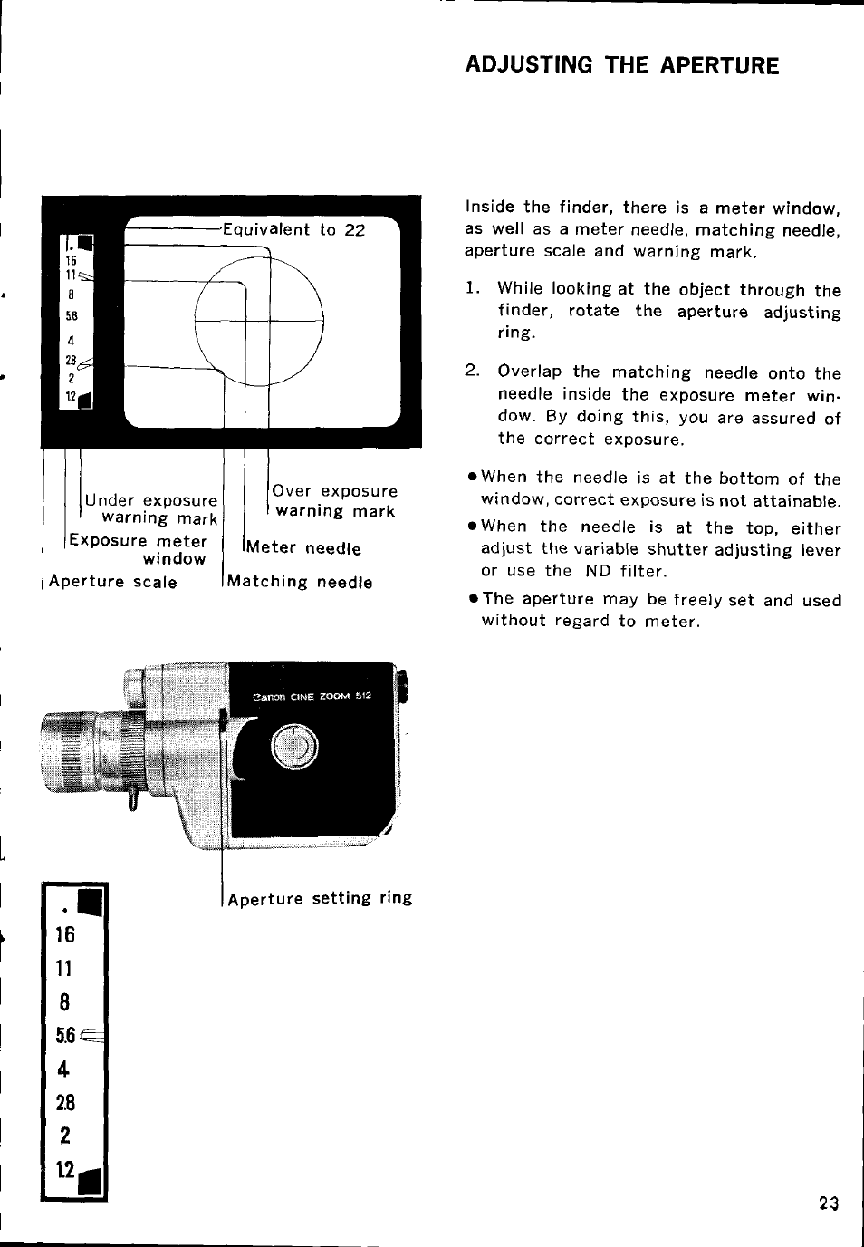 Adjusting the aperture | Canon CINEZOOM 512 User Manual | Page 23 / 48