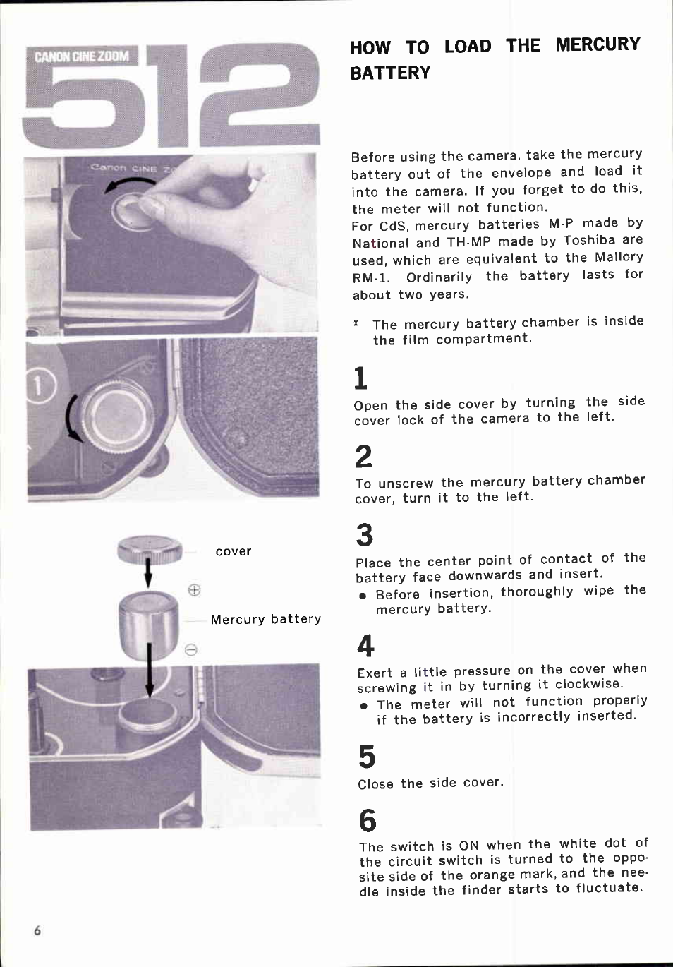 Load the mercury battery | Canon CINEZOOM 512 User Manual | Page 6 / 48