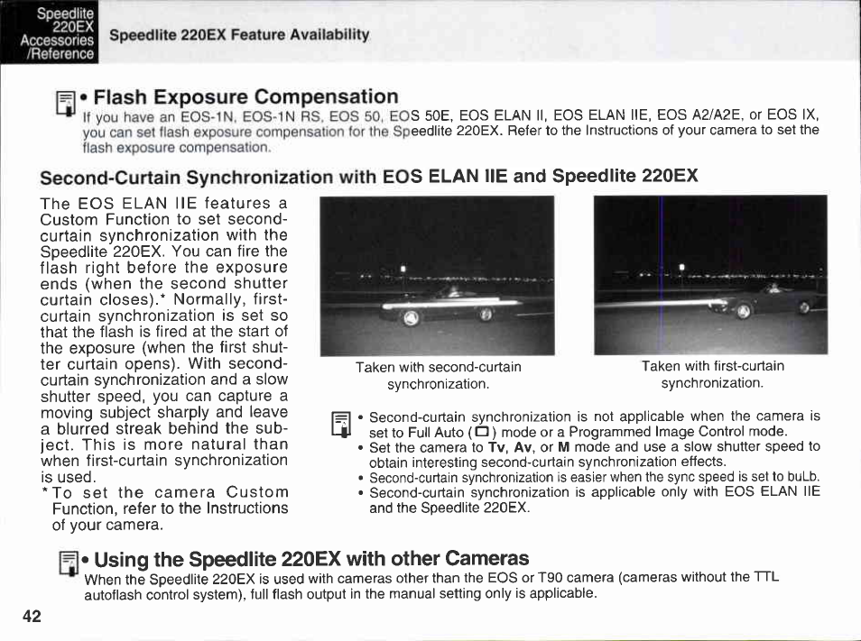 Af-assist beam emission preconditions, Camera flash-related exposure warnings | Canon 220EX User Manual | Page 42 / 47