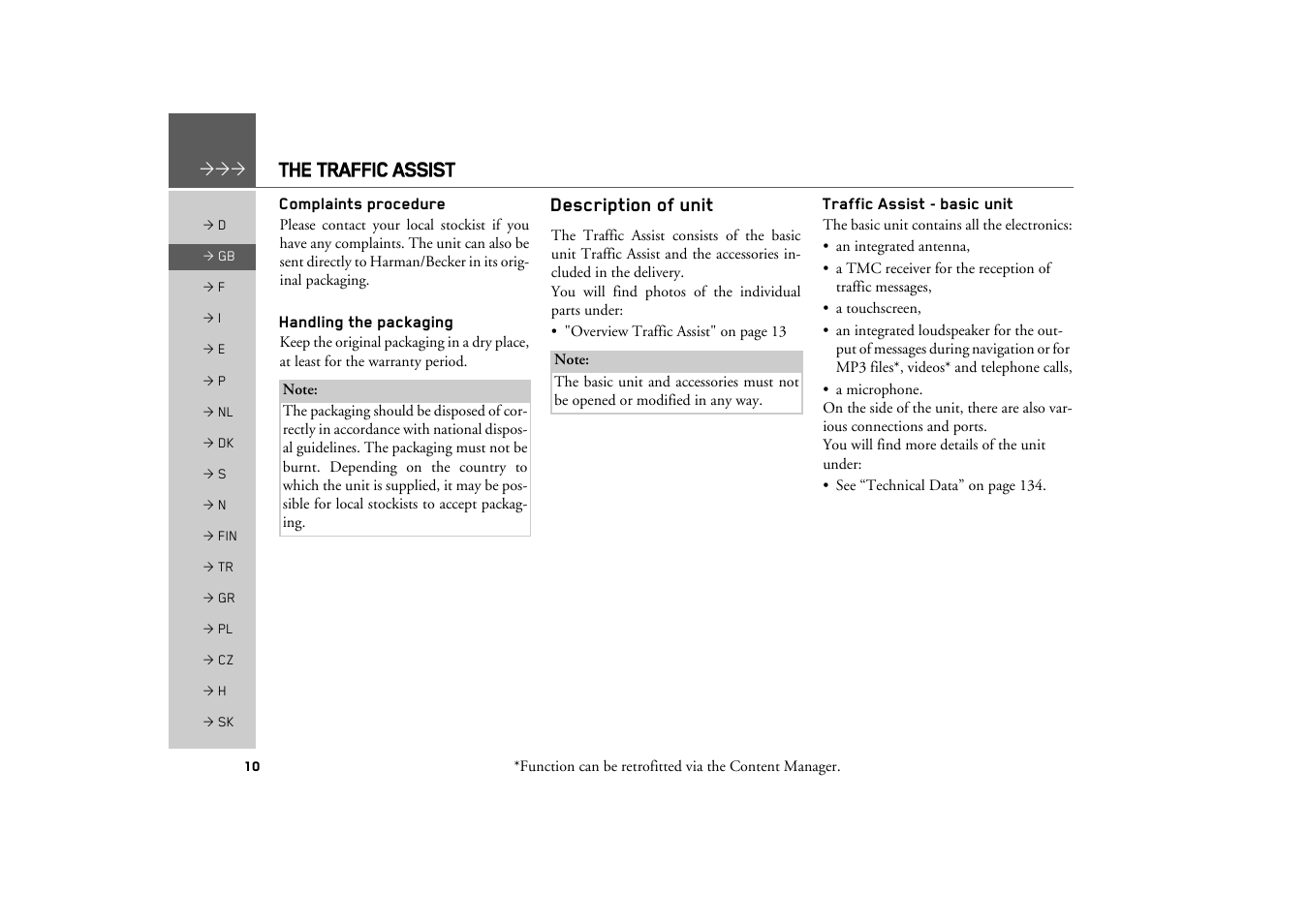 Complaints procedure, Handling the packaging, Description of unit | Traffic assist - basic unit, The traffic assist | Becker TRAFFIC ASSIST Z217 User Manual | Page 10 / 138