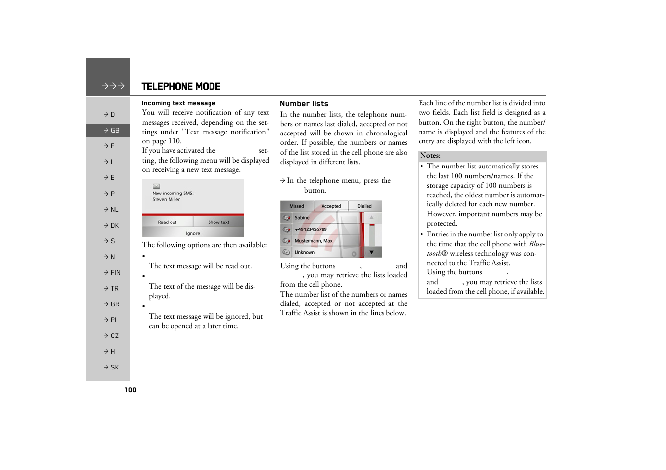 Incoming text message, Number lists, Telephone mode | Becker TRAFFIC ASSIST Z217 User Manual | Page 100 / 138