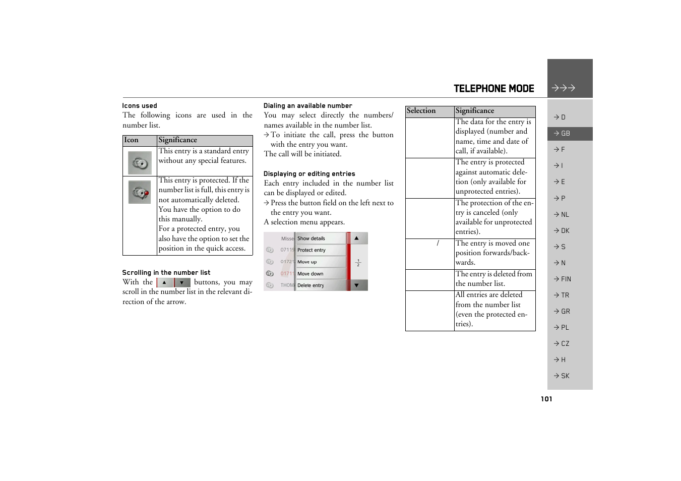Icons used, Scrolling in the number list, Dialing an available number | Displaying or editing entries, Telephone mode | Becker TRAFFIC ASSIST Z217 User Manual | Page 101 / 138