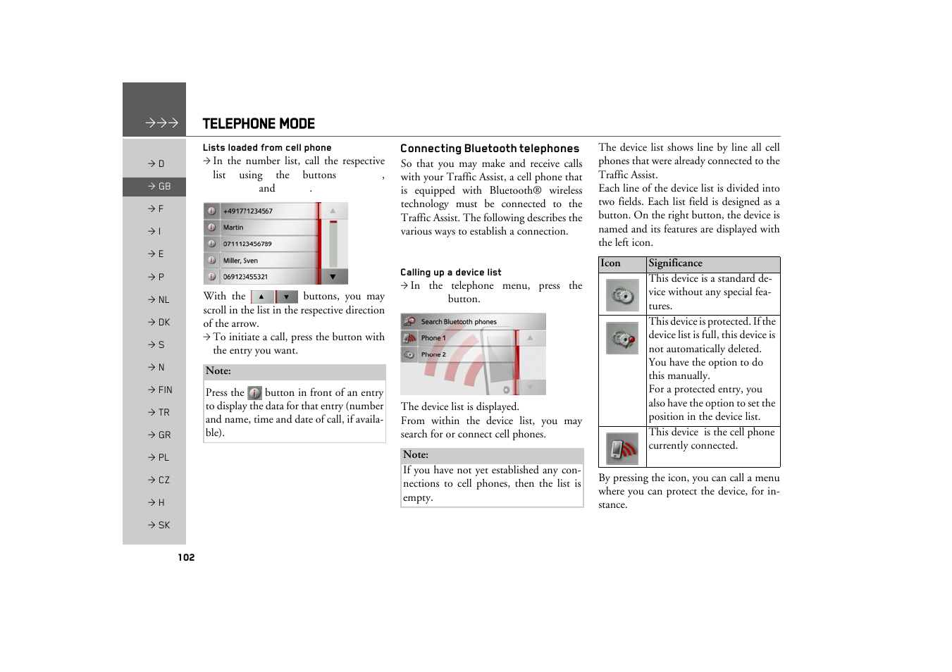 Lists loaded from cell phone, Connecting bluetooth telephones, Calling up a device list | Telephone mode | Becker TRAFFIC ASSIST Z217 User Manual | Page 102 / 138