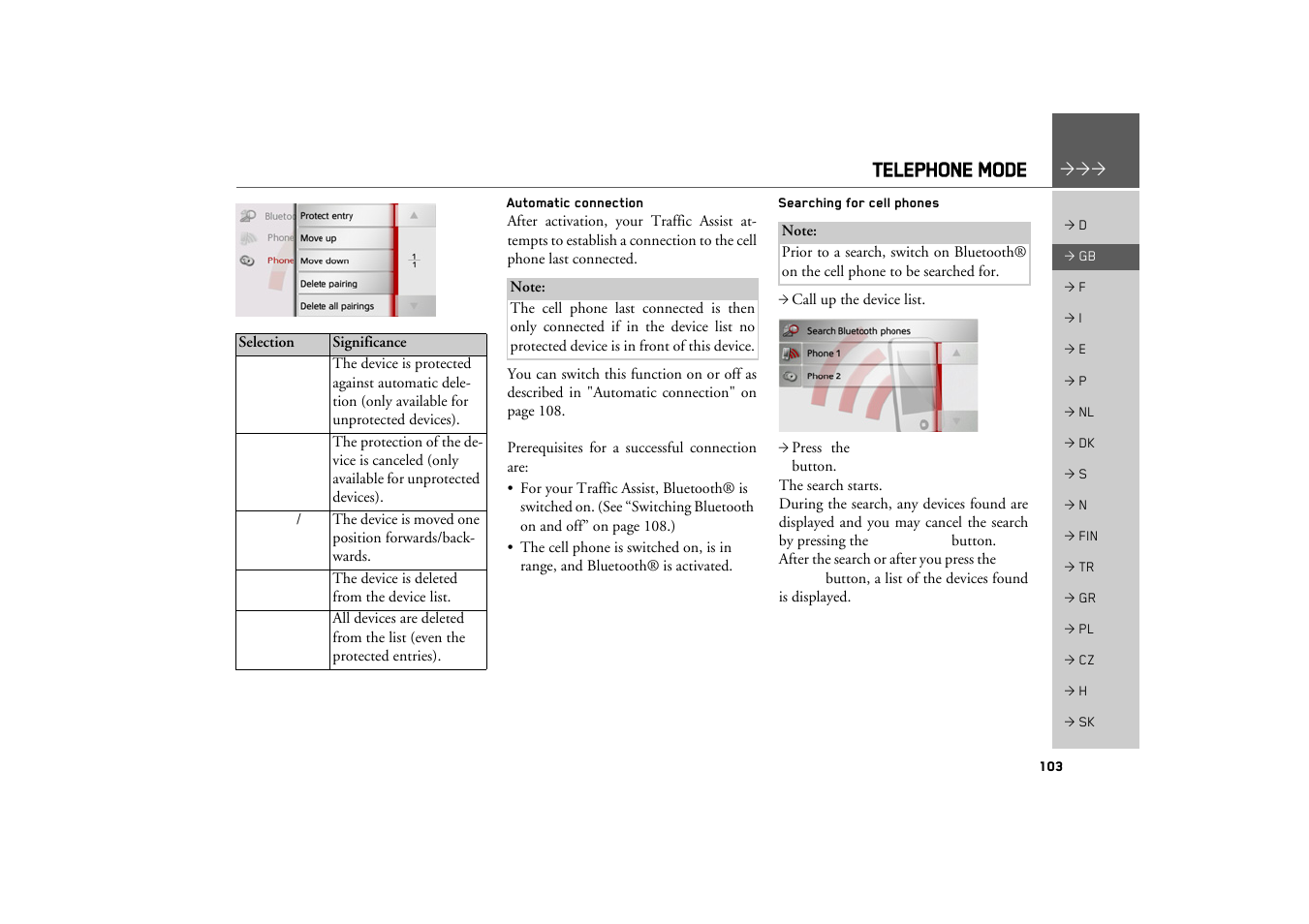 Automatic connection, Searching for cell phones, Telephone mode | Becker TRAFFIC ASSIST Z217 User Manual | Page 103 / 138