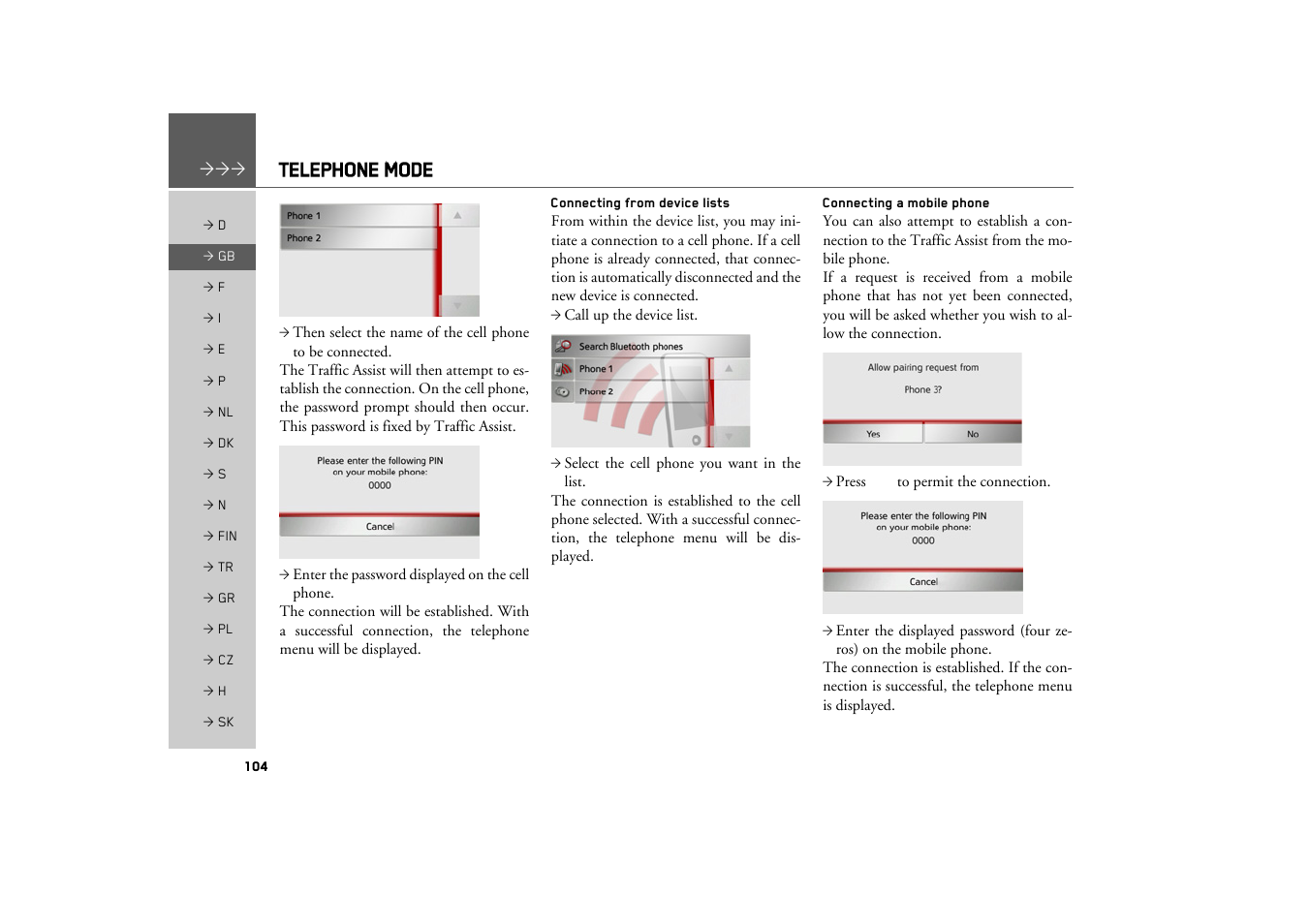 Connecting from device lists, Connecting a mobile phone, Telephone mode | Becker TRAFFIC ASSIST Z217 User Manual | Page 104 / 138