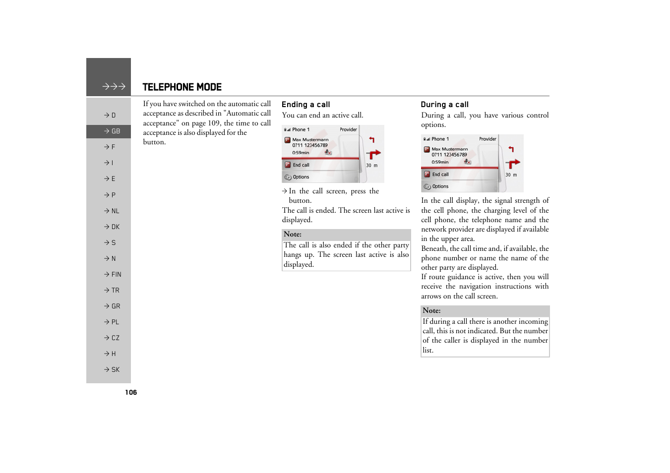 Ending a call, During a call, Telephone mode | Becker TRAFFIC ASSIST Z217 User Manual | Page 106 / 138