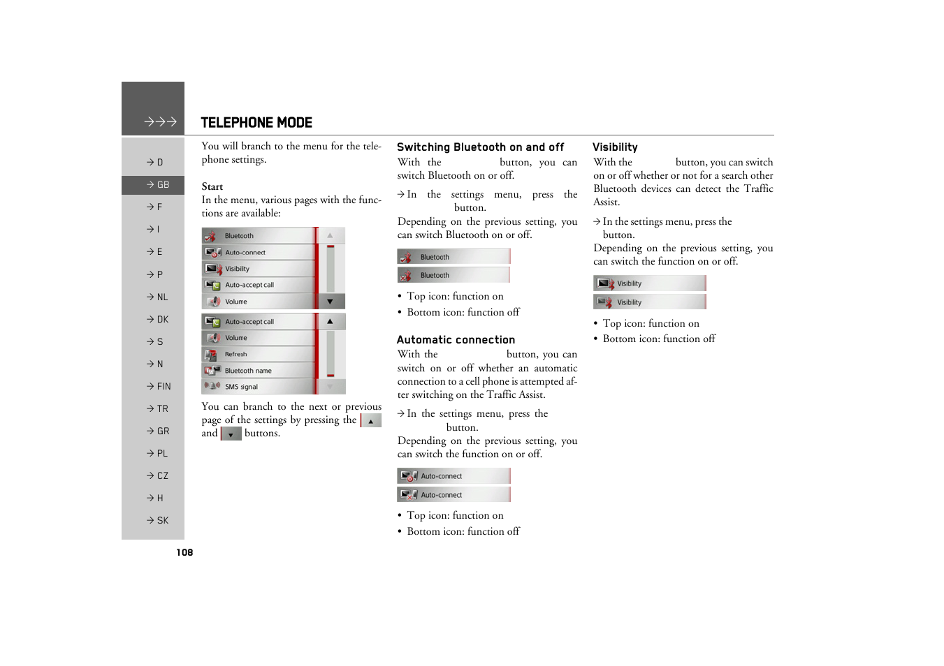 Switching bluetooth on and off, Automatic connection, Visibility | Telephone mode | Becker TRAFFIC ASSIST Z217 User Manual | Page 108 / 138