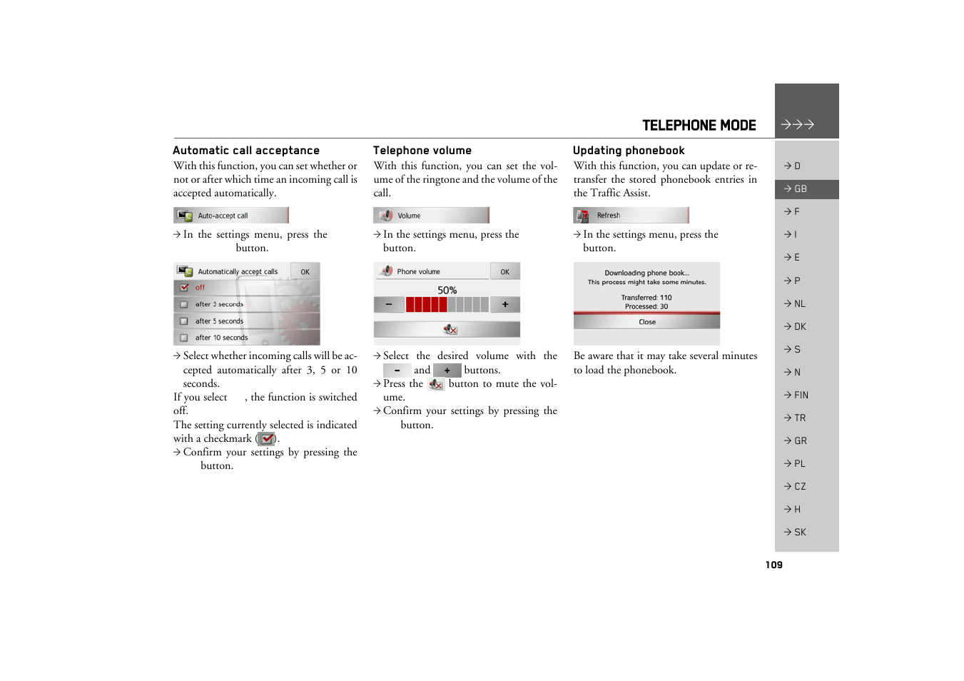 Automatic call acceptance, Telephone volume, Updating phonebook | Telephone mode | Becker TRAFFIC ASSIST Z217 User Manual | Page 109 / 138