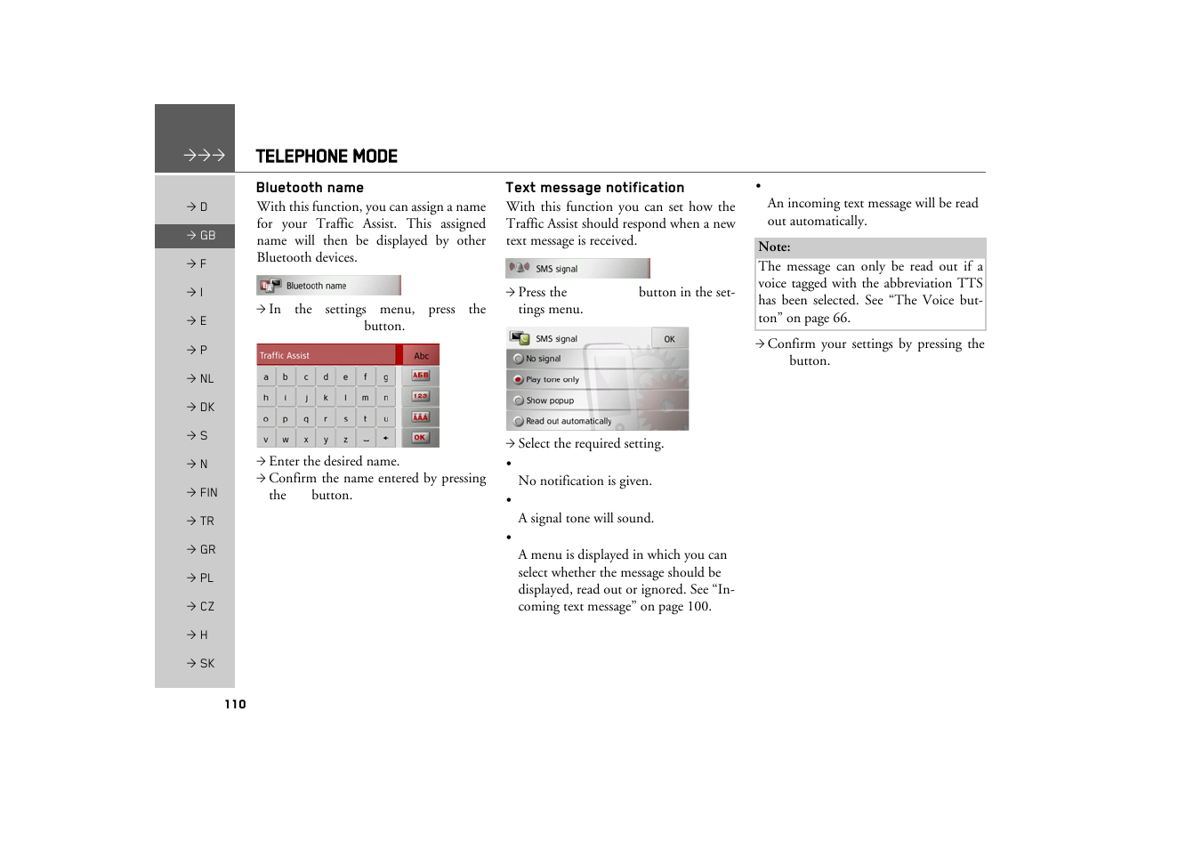 Bluetooth name, Text message notification, Telephone mode | Becker TRAFFIC ASSIST Z217 User Manual | Page 110 / 138