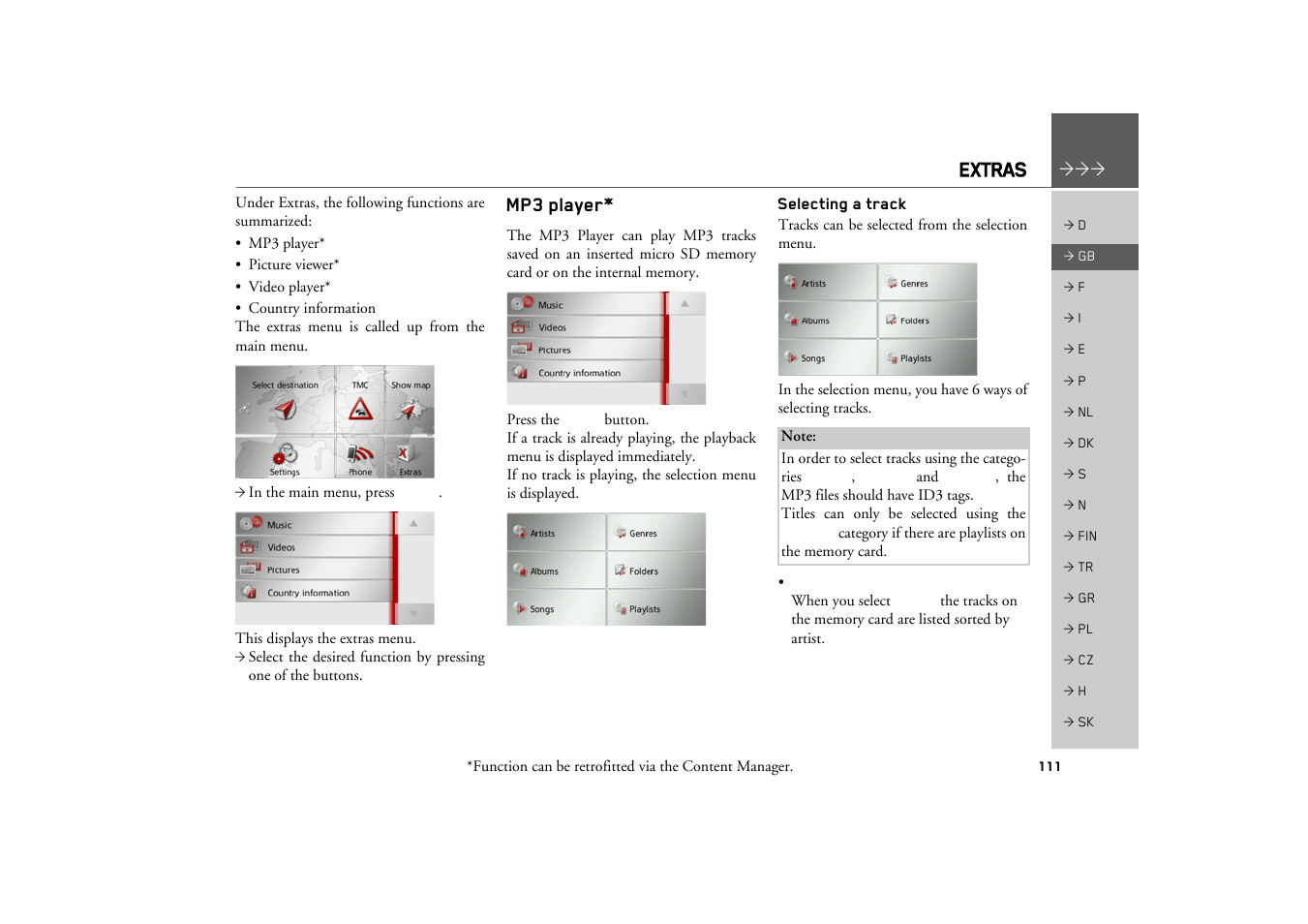 Extras, Mp3 player, Selecting a track | Becker TRAFFIC ASSIST Z217 User Manual | Page 111 / 138
