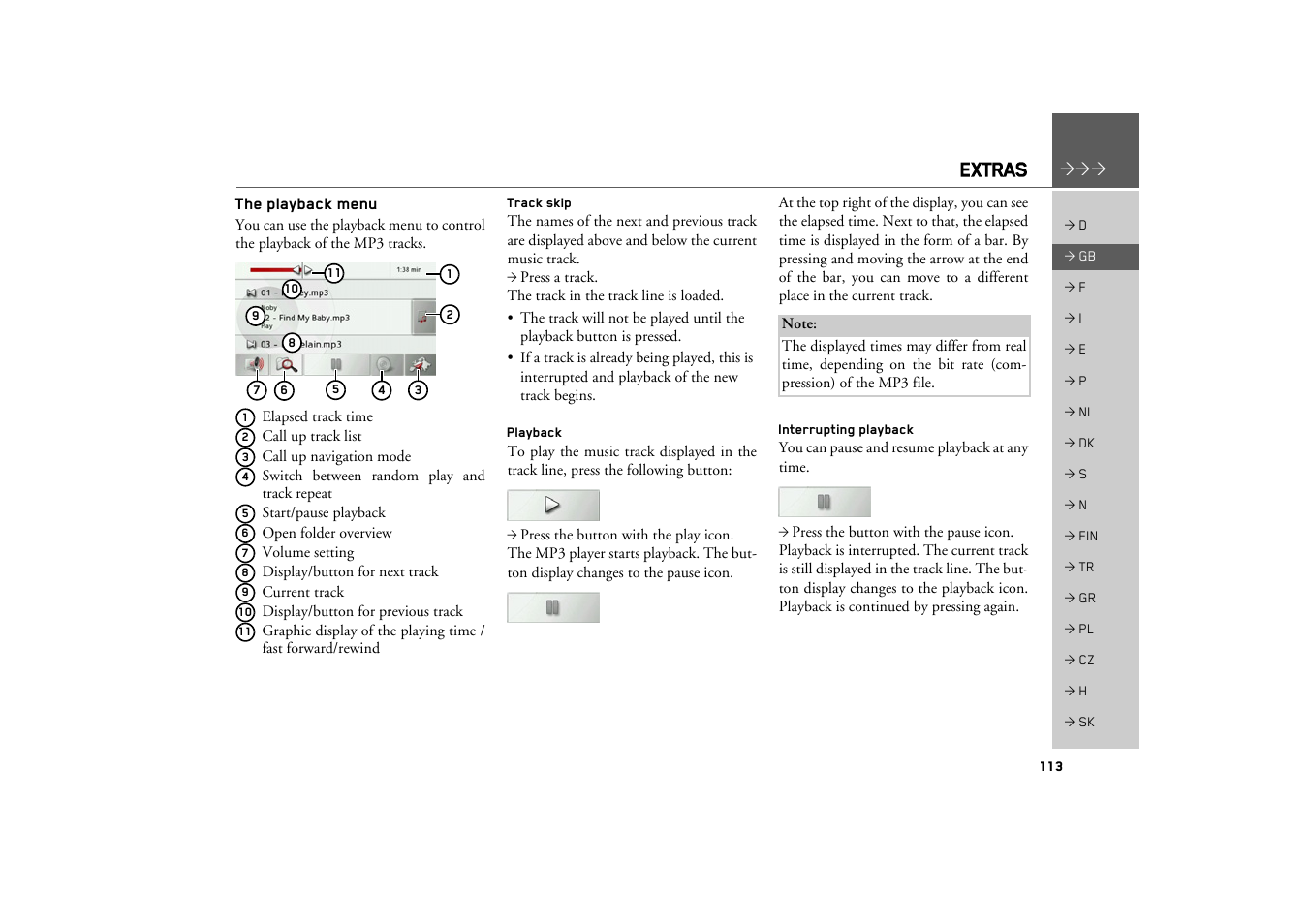 The playback menu, Track skip, Playback | Interrupting playback, Extras | Becker TRAFFIC ASSIST Z217 User Manual | Page 113 / 138