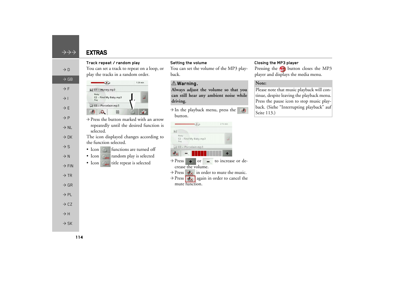 Track repeat / random play, Setting the volume, Closing the mp3 player | Extras | Becker TRAFFIC ASSIST Z217 User Manual | Page 114 / 138