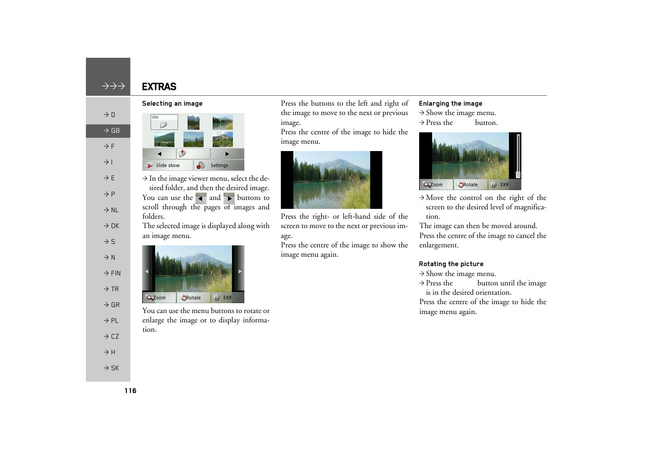 Selecting an image, Enlarging the image, Rotating the picture | Extras | Becker TRAFFIC ASSIST Z217 User Manual | Page 116 / 138