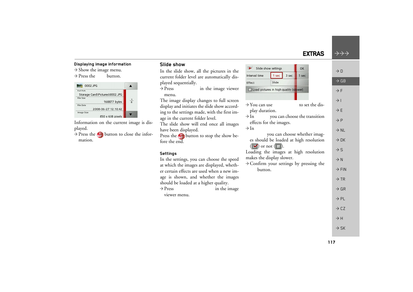Displaying image information, Slide show, Settings | Extras | Becker TRAFFIC ASSIST Z217 User Manual | Page 117 / 138