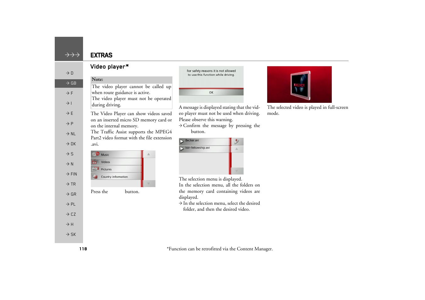 Video player, Extras | Becker TRAFFIC ASSIST Z217 User Manual | Page 118 / 138