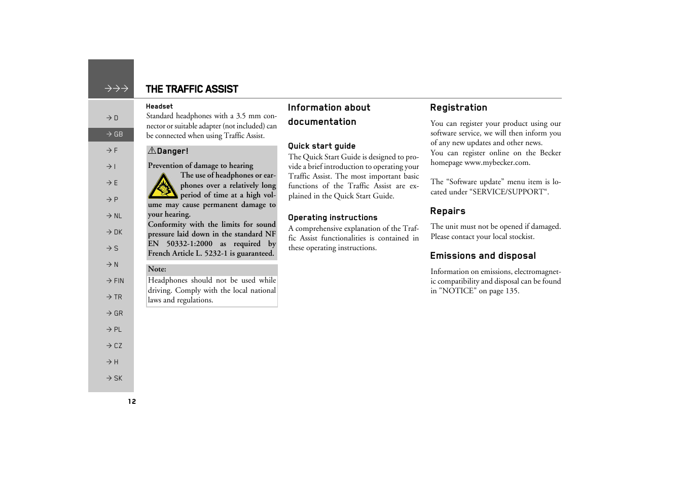 Headset, Information about documentation, Quick start guide | Operating instructions, Registration, Repairs, Emissions and disposal | Becker TRAFFIC ASSIST Z217 User Manual | Page 12 / 138