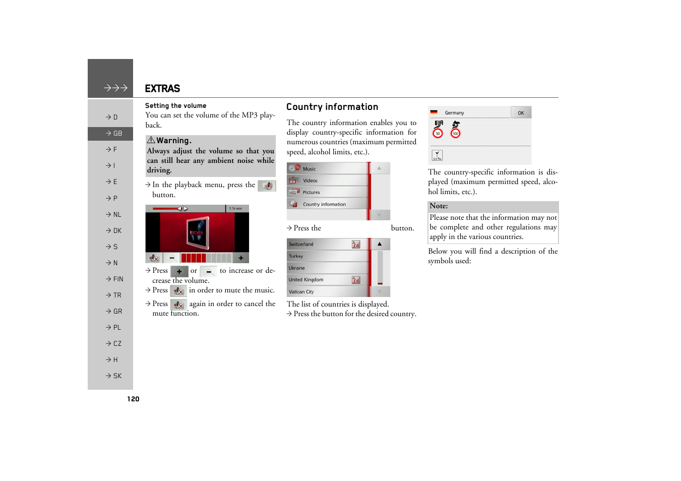 Setting the volume, Country information, Extras | Becker TRAFFIC ASSIST Z217 User Manual | Page 120 / 138