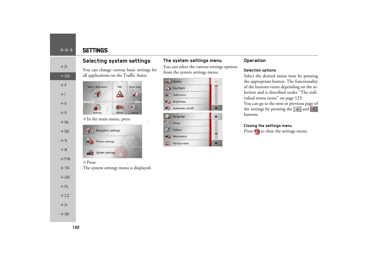 Settings, Selecting system settings, The system settings menu | Operation, Selection options, Closing the settings menu | Becker TRAFFIC ASSIST Z217 User Manual | Page 122 / 138