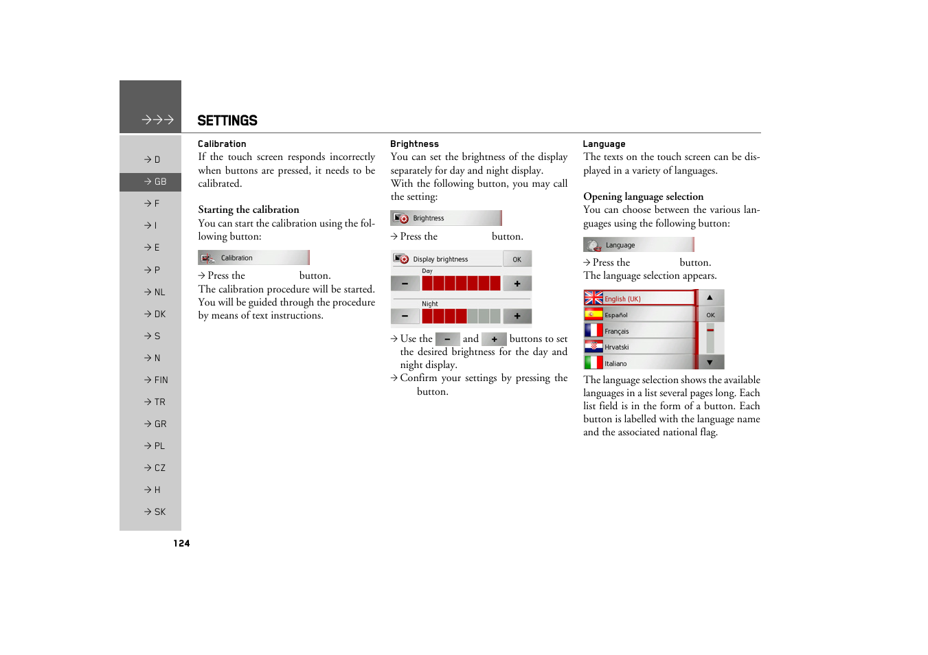 Calibration, Brightness, Language | Settings | Becker TRAFFIC ASSIST Z217 User Manual | Page 124 / 138