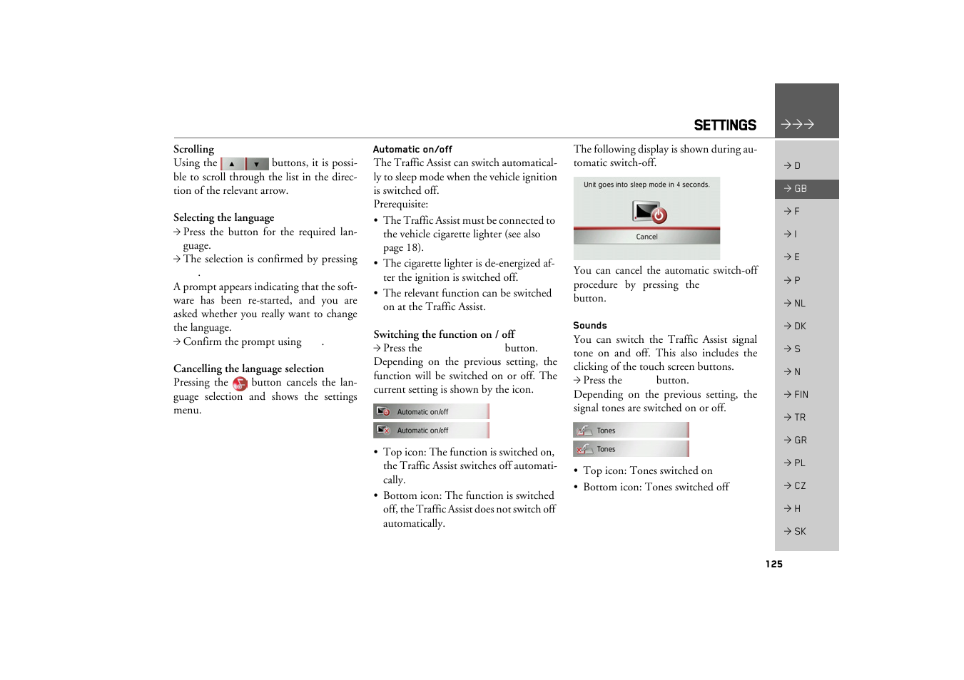 Automatic on/off, Sounds, Settings | Becker TRAFFIC ASSIST Z217 User Manual | Page 125 / 138