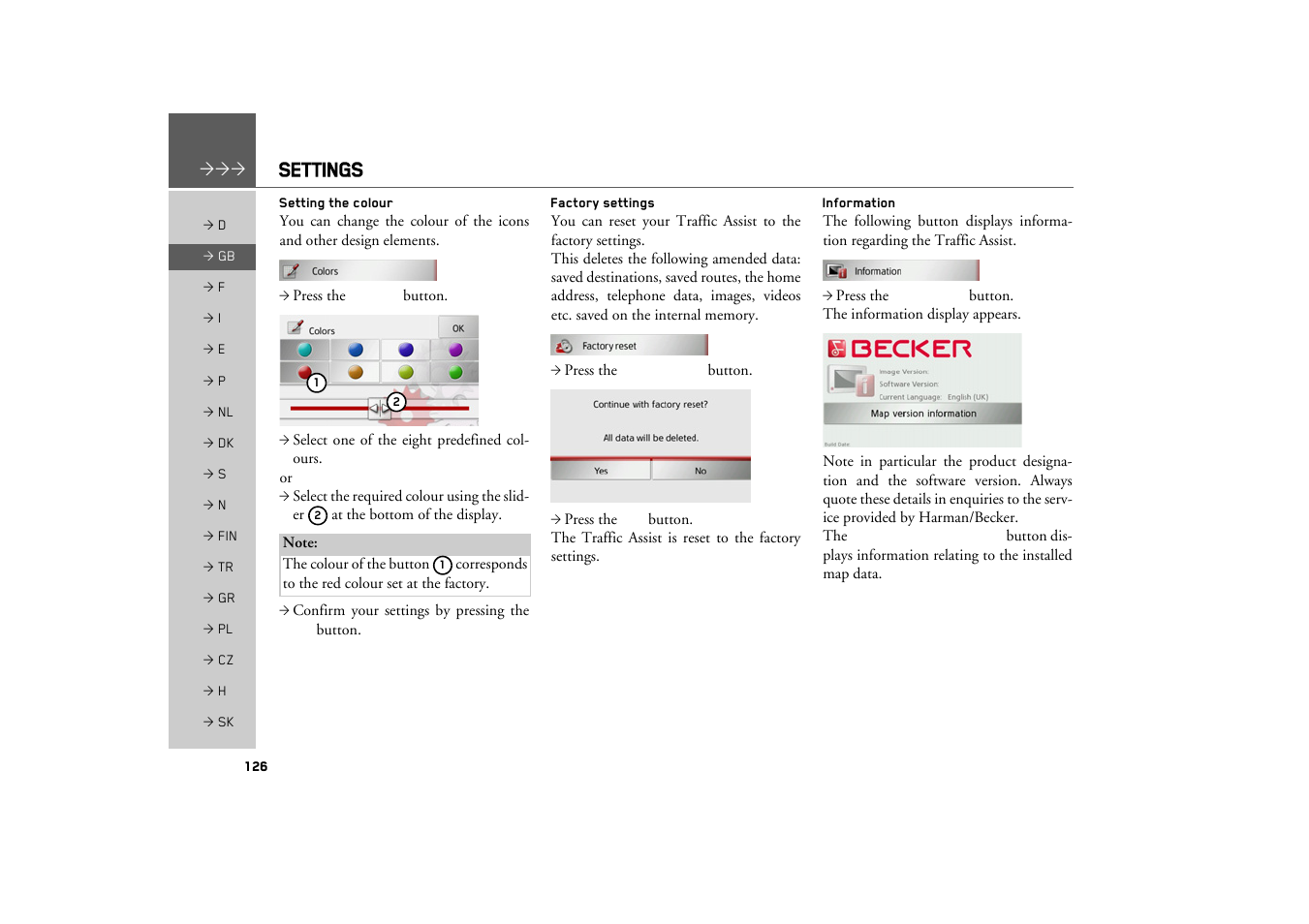 Setting the colour, Factory settings, Information | Settings | Becker TRAFFIC ASSIST Z217 User Manual | Page 126 / 138