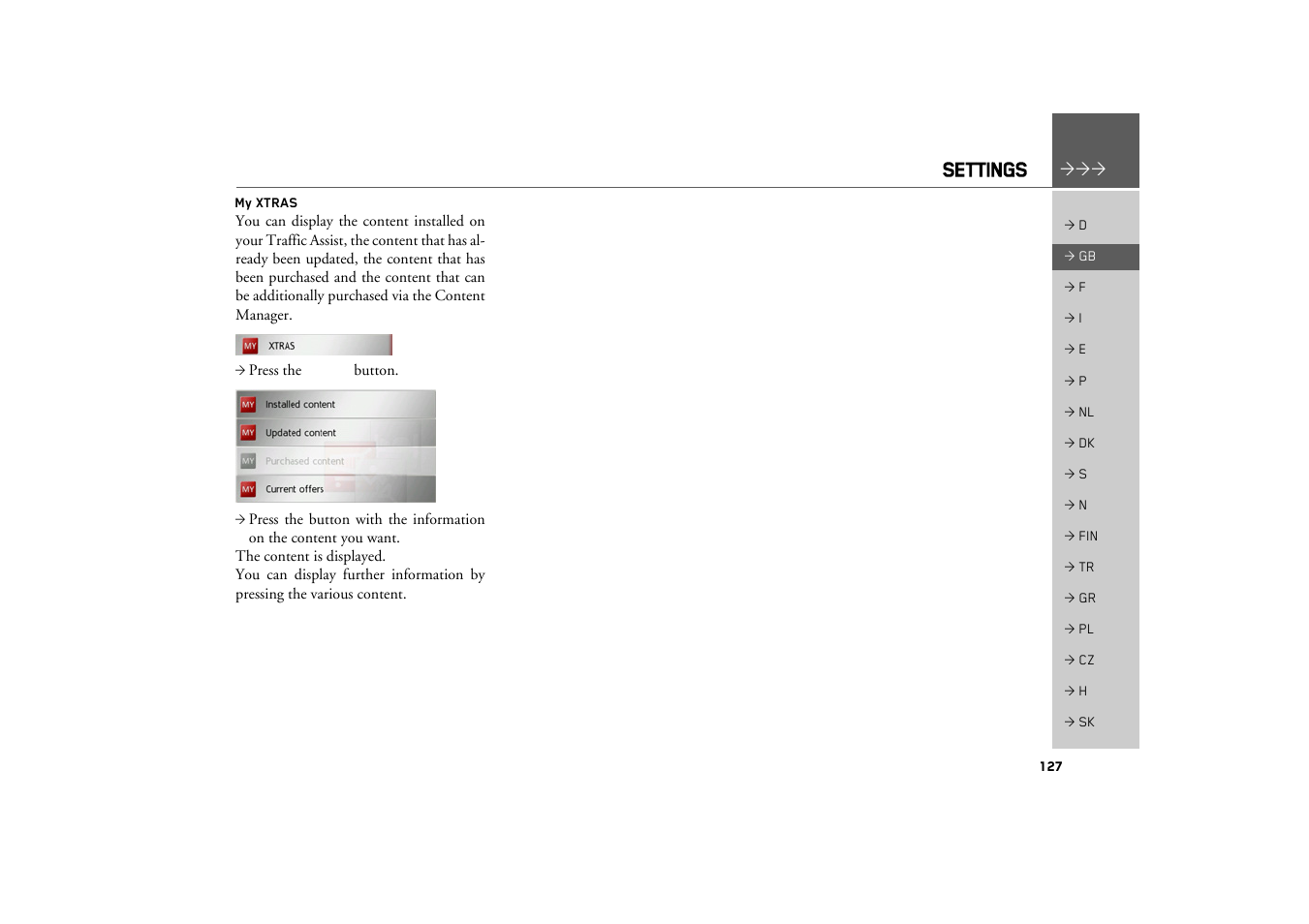 My xtras, Settings | Becker TRAFFIC ASSIST Z217 User Manual | Page 127 / 138