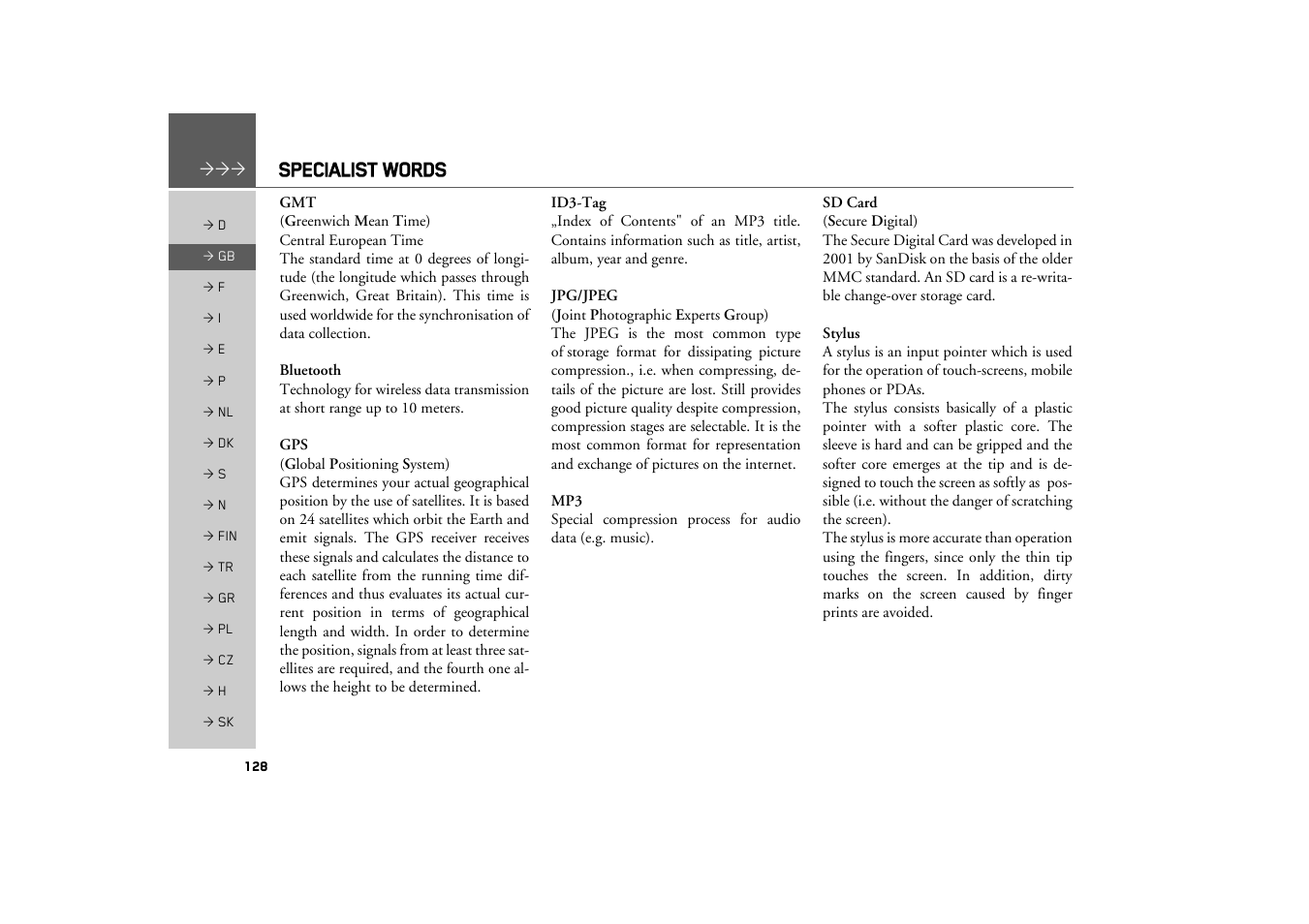 Specialist words | Becker TRAFFIC ASSIST Z217 User Manual | Page 128 / 138