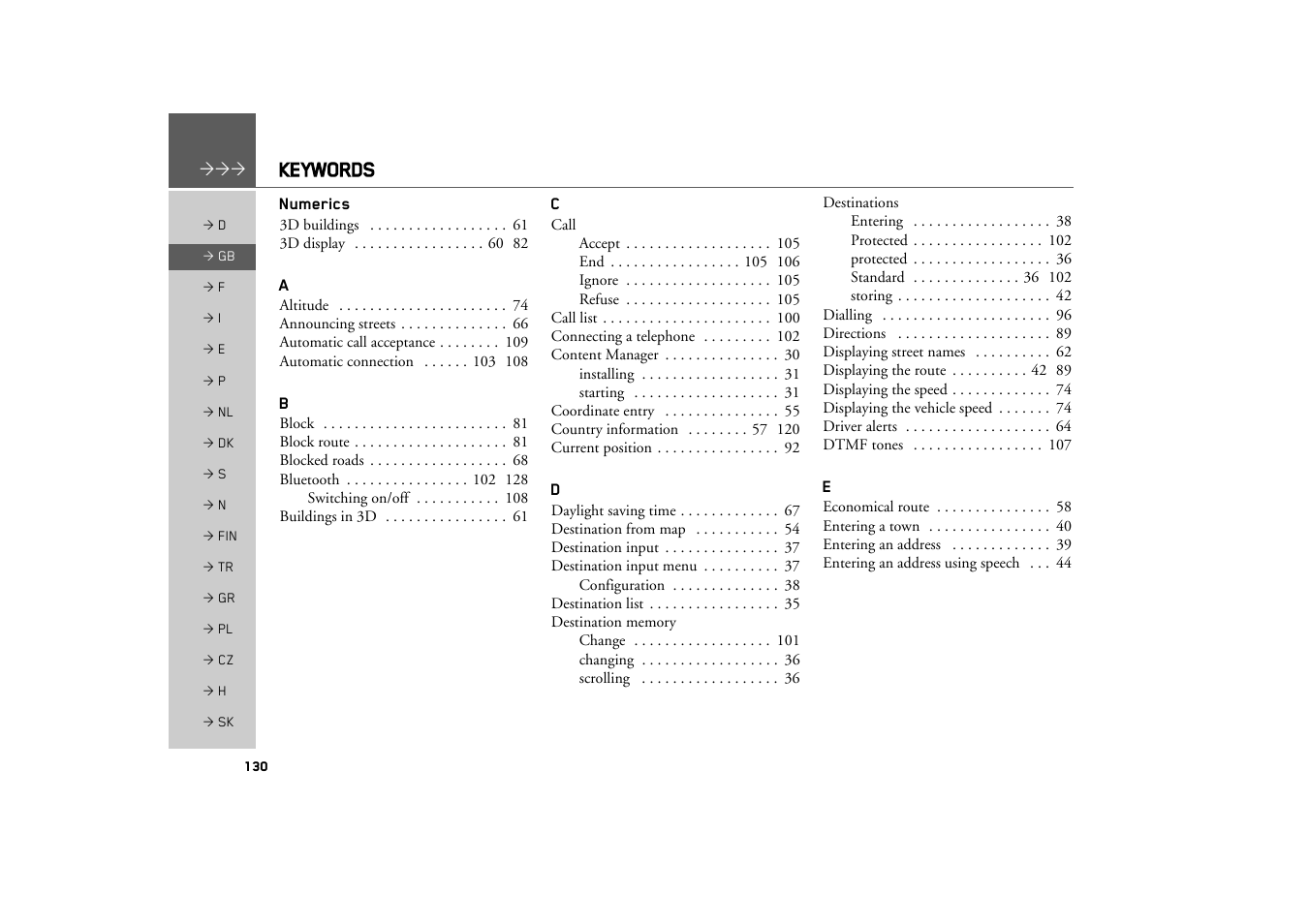 Keywords | Becker TRAFFIC ASSIST Z217 User Manual | Page 130 / 138