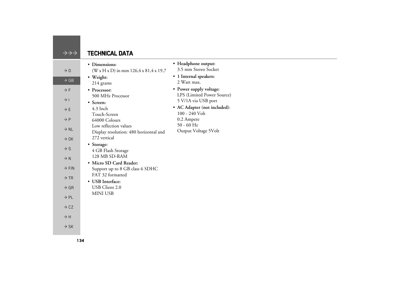 Technical data | Becker TRAFFIC ASSIST Z217 User Manual | Page 134 / 138