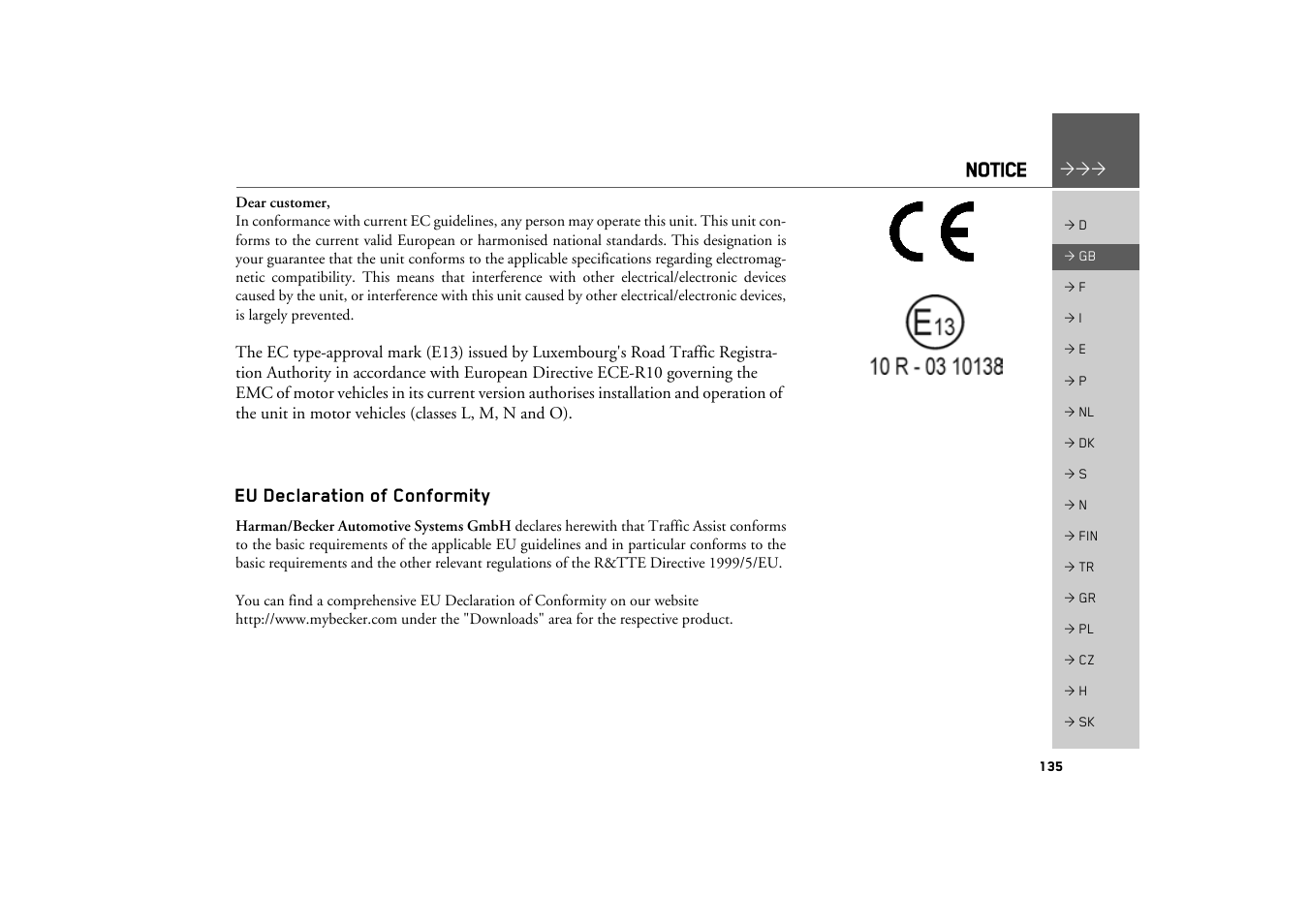 Notice, Eu declaration of conformity | Becker TRAFFIC ASSIST Z217 User Manual | Page 135 / 138