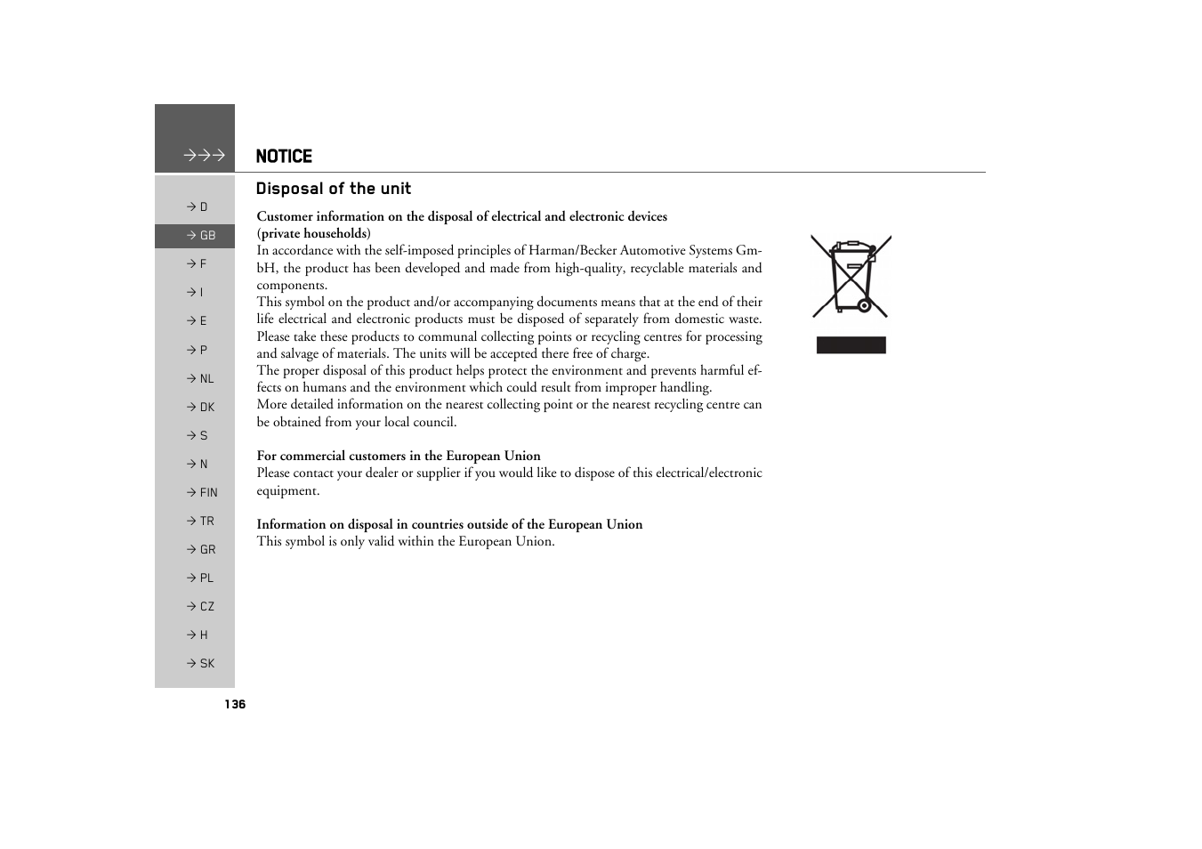 Disposal of the unit, Notice | Becker TRAFFIC ASSIST Z217 User Manual | Page 136 / 138