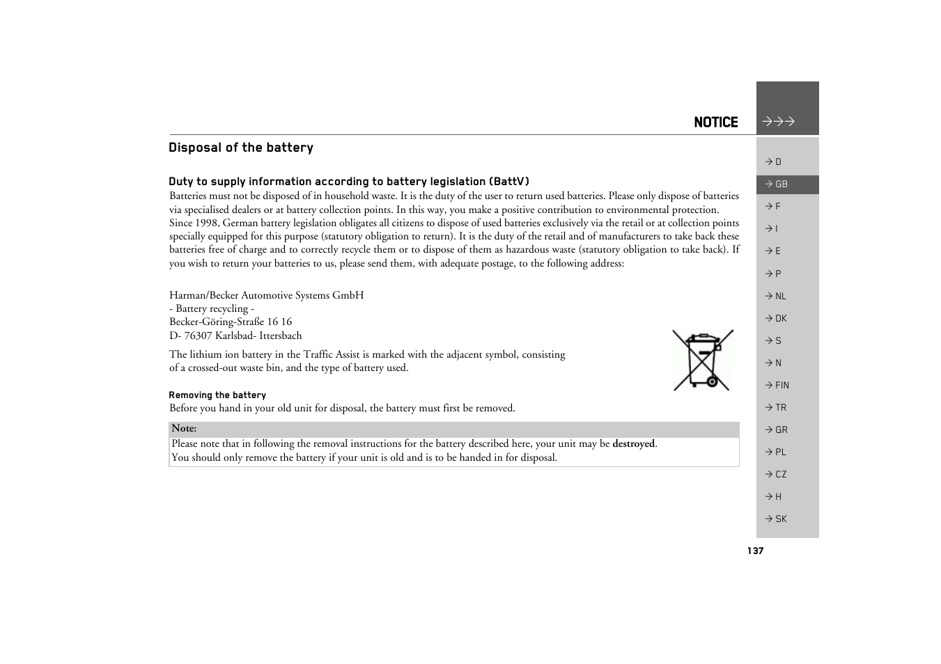 Disposal of the battery, Removing the battery, Notice | Becker TRAFFIC ASSIST Z217 User Manual | Page 137 / 138