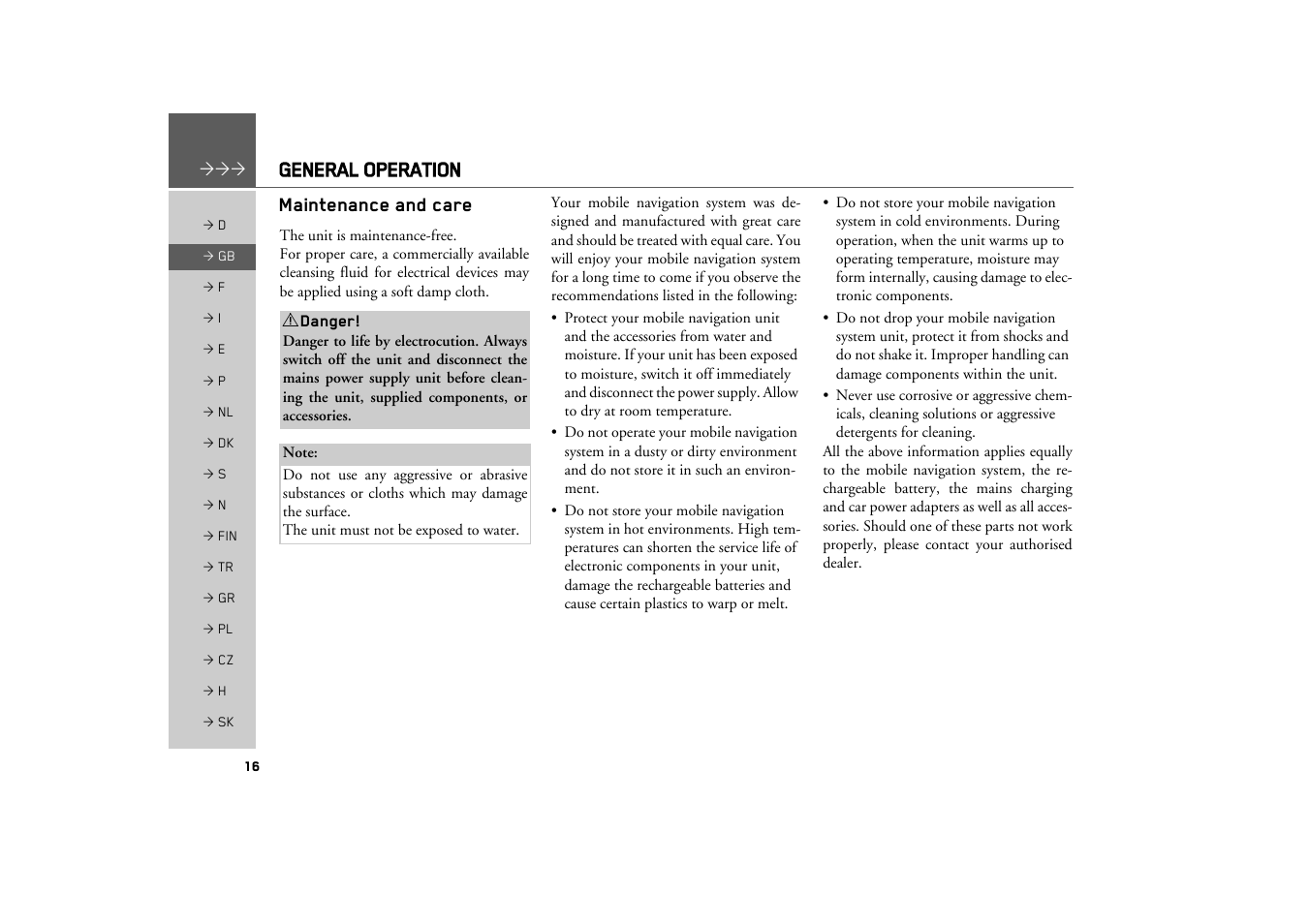 General operation, Maintenance and care | Becker TRAFFIC ASSIST Z217 User Manual | Page 16 / 138