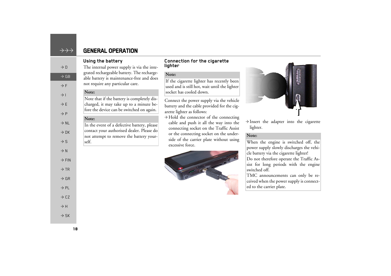 Using the battery, Connection for the cigarette lighter, General operation | Becker TRAFFIC ASSIST Z217 User Manual | Page 18 / 138