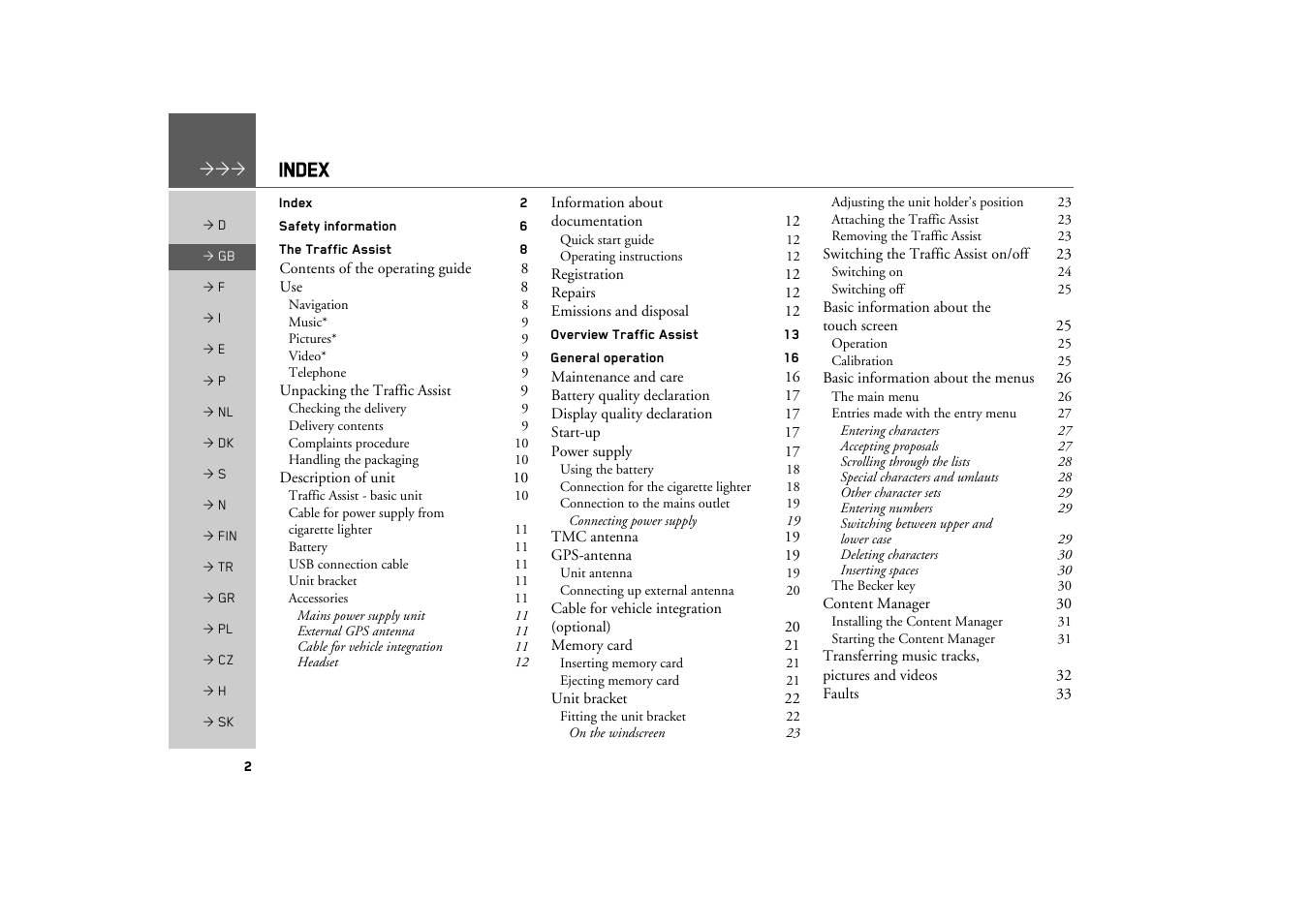 Index | Becker TRAFFIC ASSIST Z217 User Manual | Page 2 / 138