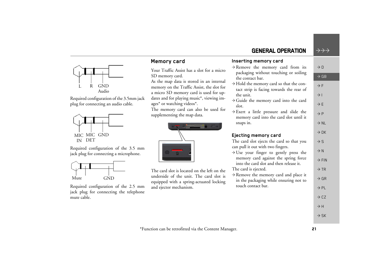 Memory card, Inserting memory card, Ejecting memory card | General operation | Becker TRAFFIC ASSIST Z217 User Manual | Page 21 / 138