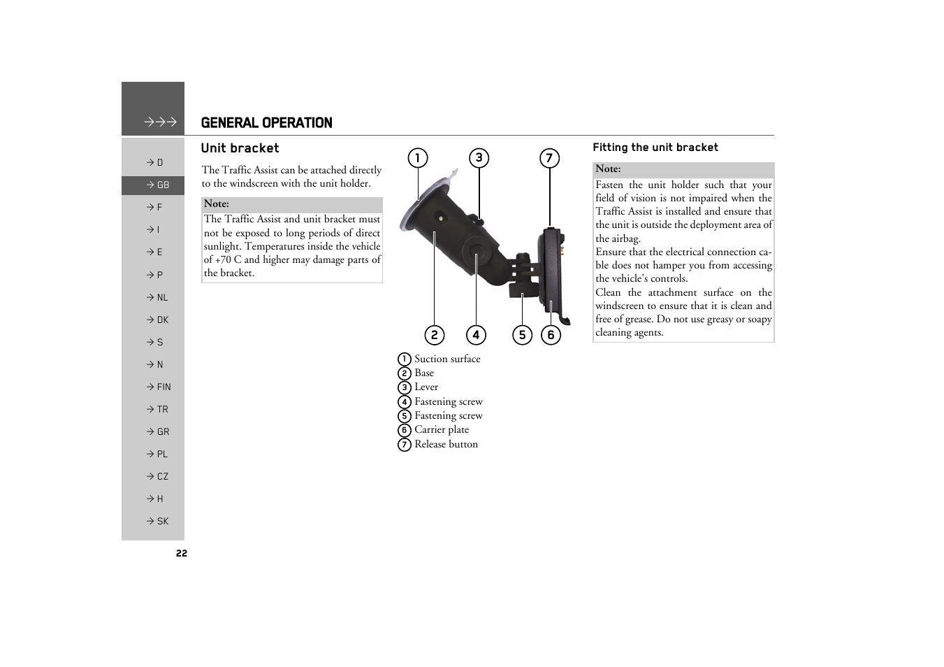 Unit bracket, Fitting the unit bracket | Becker TRAFFIC ASSIST Z217 User Manual | Page 22 / 138