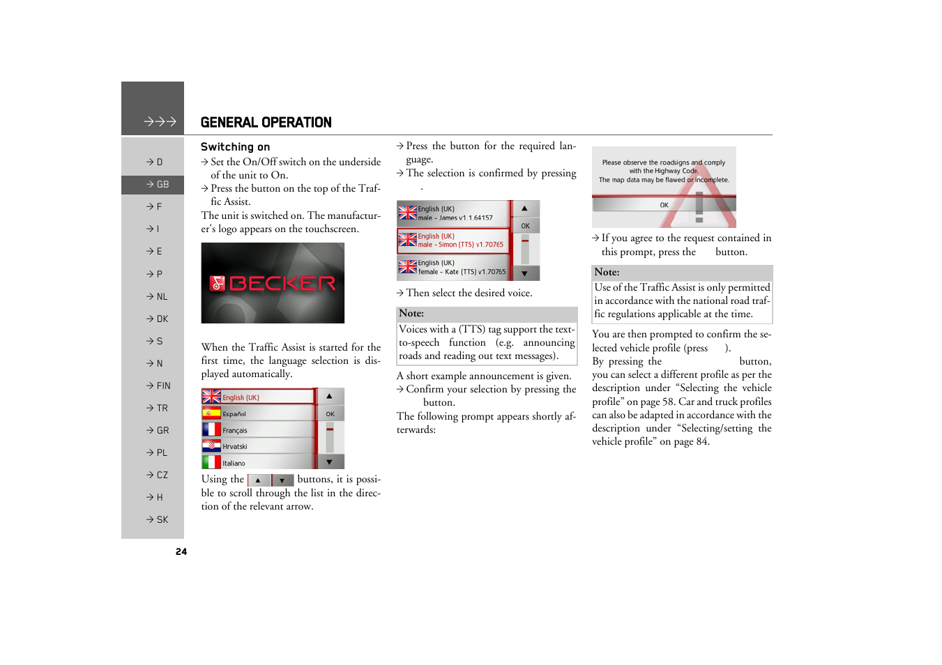Switching on, General operation | Becker TRAFFIC ASSIST Z217 User Manual | Page 24 / 138