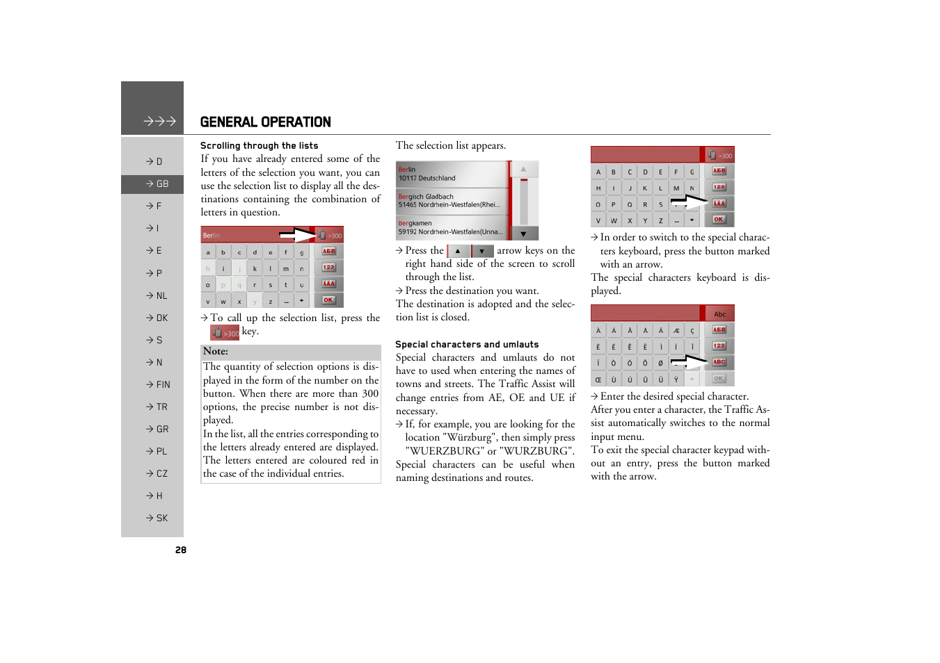 Scrolling through the lists, Special characters and umlauts, General operation | Becker TRAFFIC ASSIST Z217 User Manual | Page 28 / 138